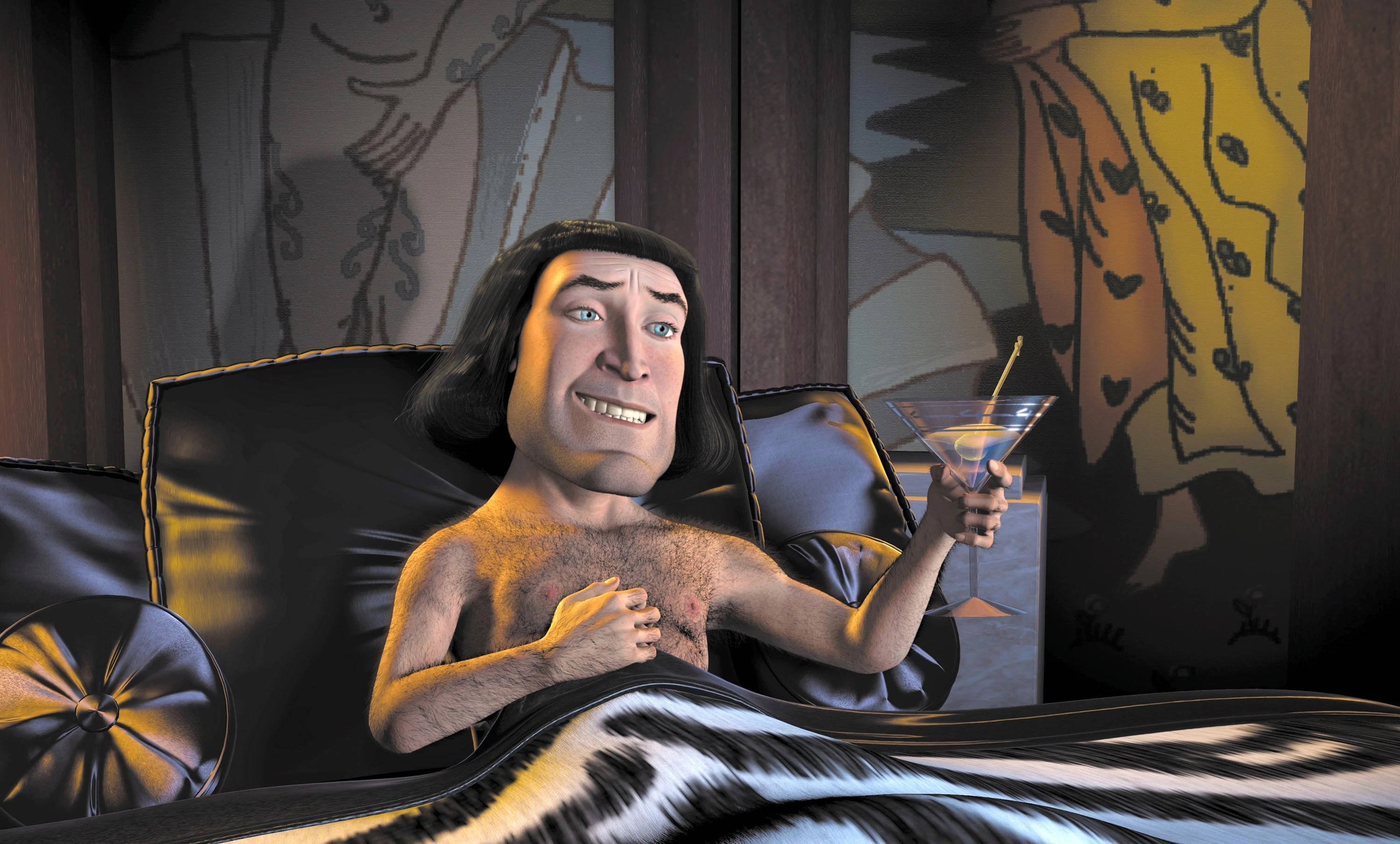 Lord Farquaad, martini glass, warm golden lighting, 2K Desktop Wallpaper