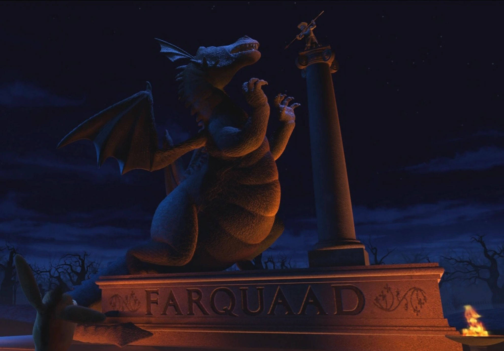 Lord Farquaad, dragon statue, column, Full HD Desktop Wallpaper