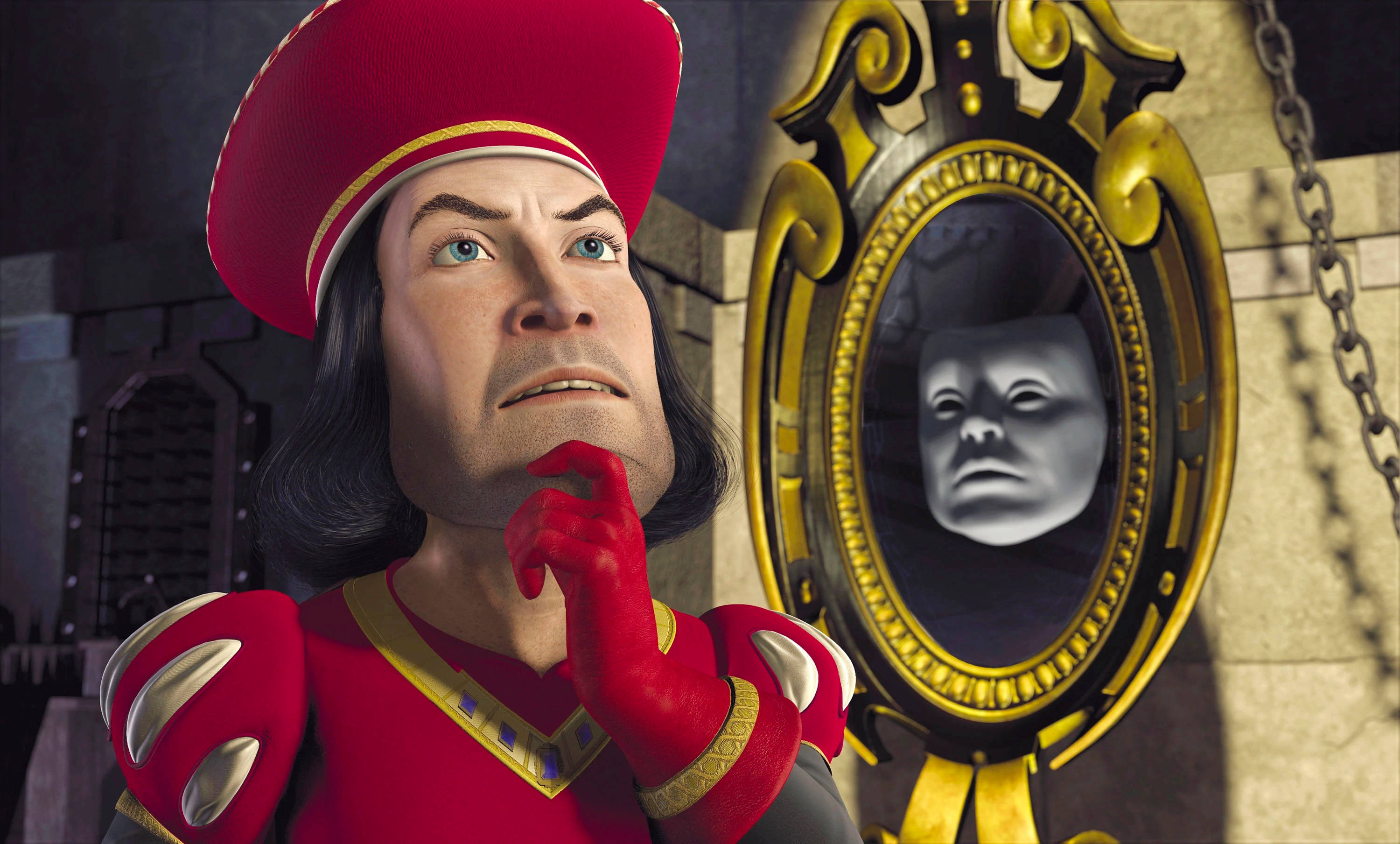 Lord Farquaad, magic mirror, red armor, 2K Desktop Wallpaper