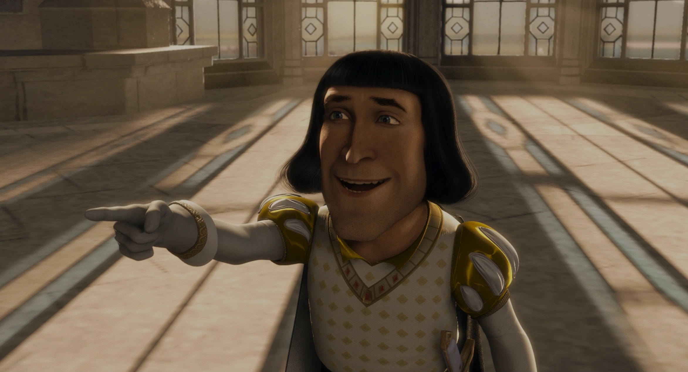 Lord Farquaad, golden armor, sunlit stone hall, Full HD Desktop Wallpaper