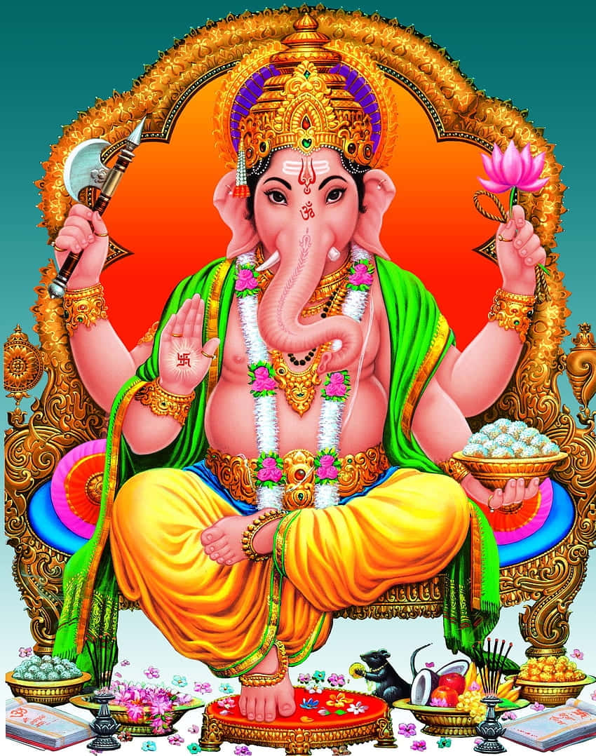 Lord Ganesha, golden throne, lotus, SD Phone Wallpaper