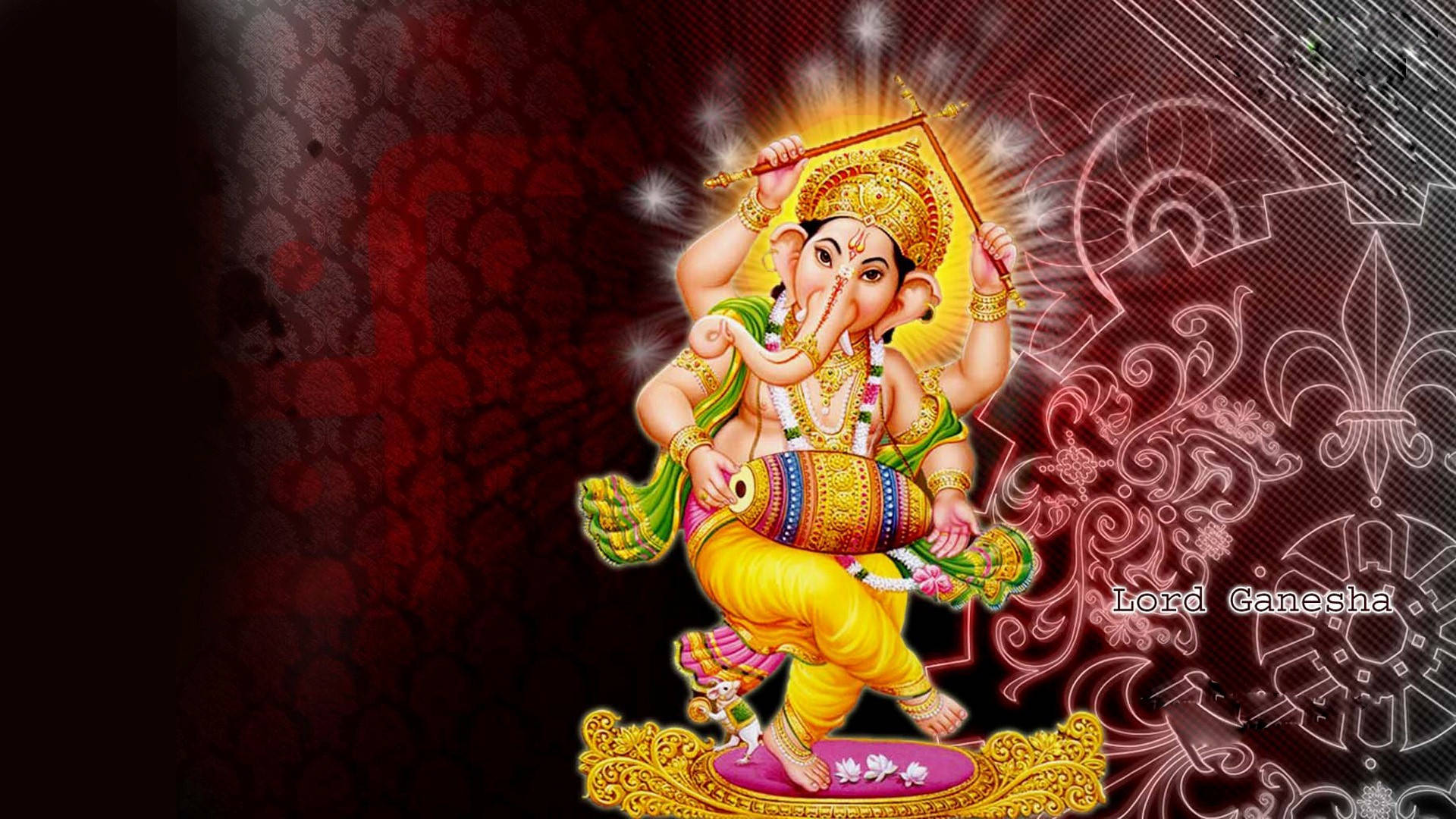 Lord Ganesha, vibrant yellow and green attire, rich red patterned backdrop, Full HD Desktop Wallpaper