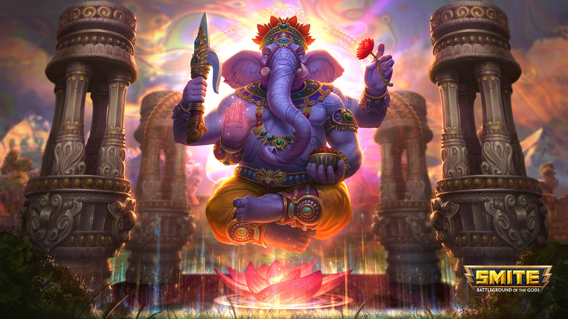 Lord Ganesha, ancient towers, purple, Full HD Desktop Wallpaper