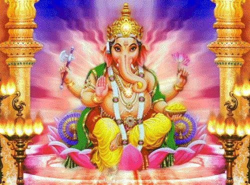 Lord Ganesha, pink lotus throne, golden pillars, SD Desktop Wallpaper