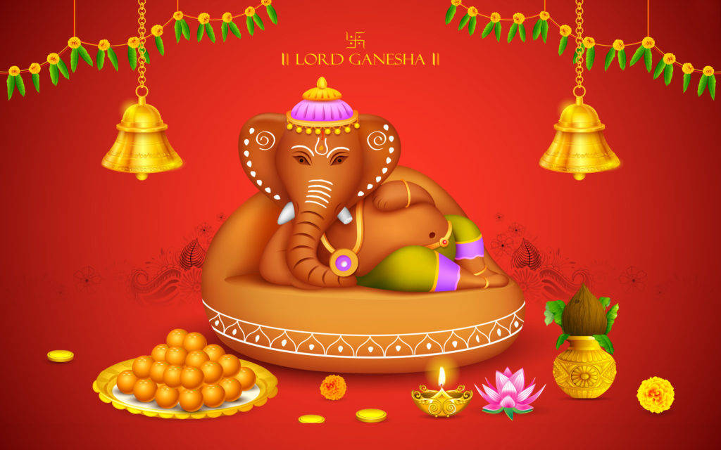 Lord Ganesha, festive offerings, decorated pedestal, SD Desktop Wallpaper