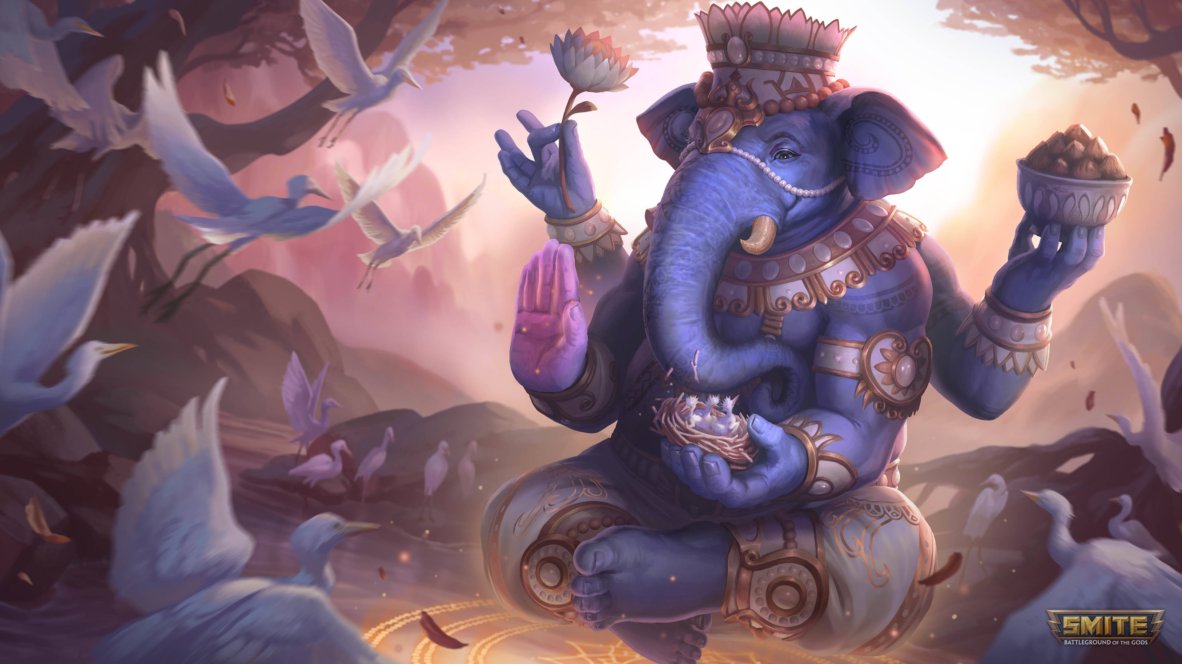 Lord Ganesha, blue elephant-headed deity, golden ornaments, 4K Desktop Wallpaper