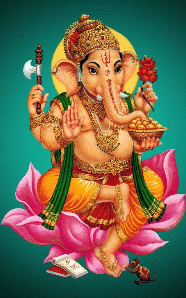 Lord Ganesha, gold jewelry, pink lotus, SD Phone Wallpaper