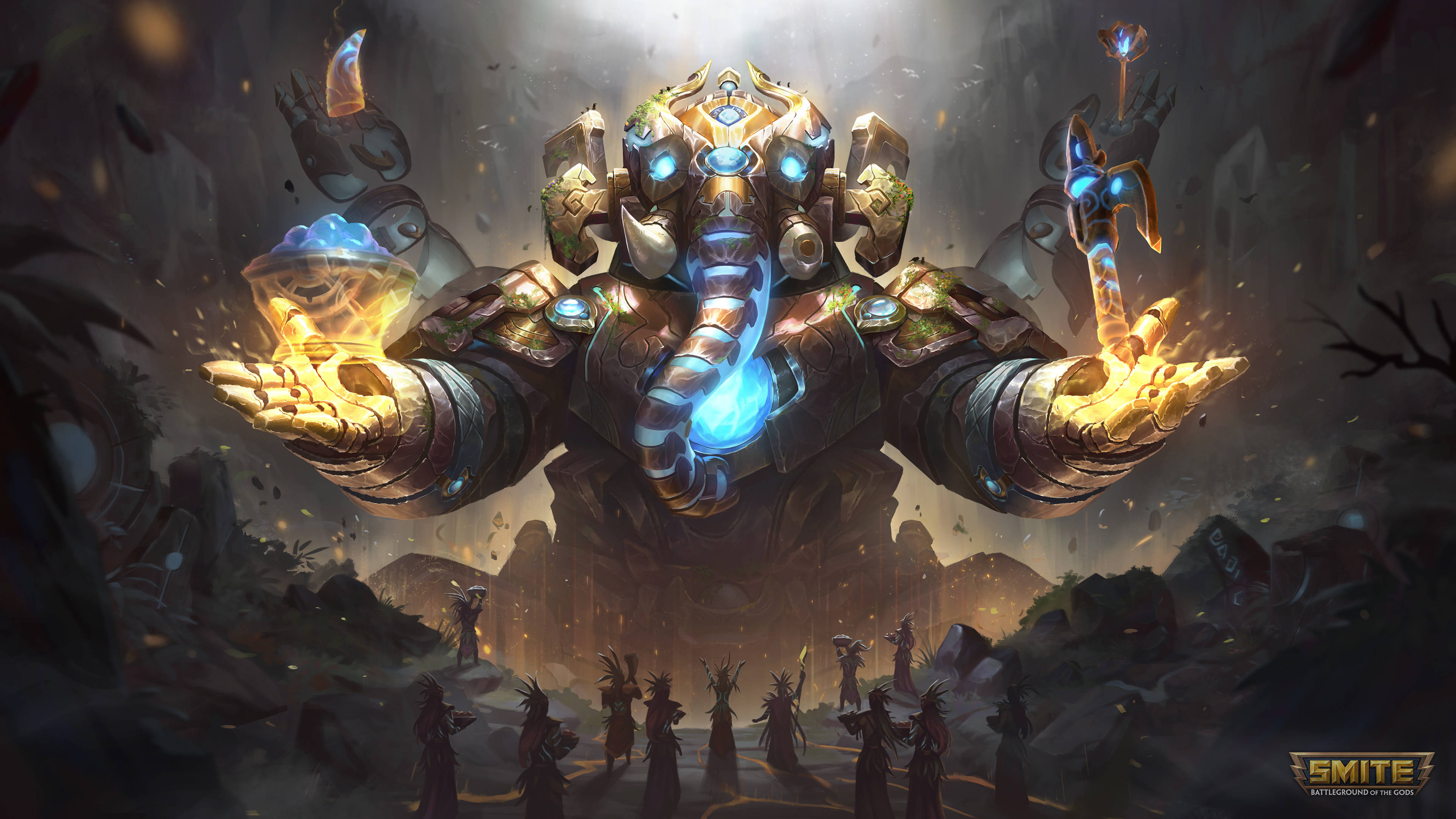 Lord Ganesha, metal armor, glowing blue eyes, 4K Desktop Wallpaper