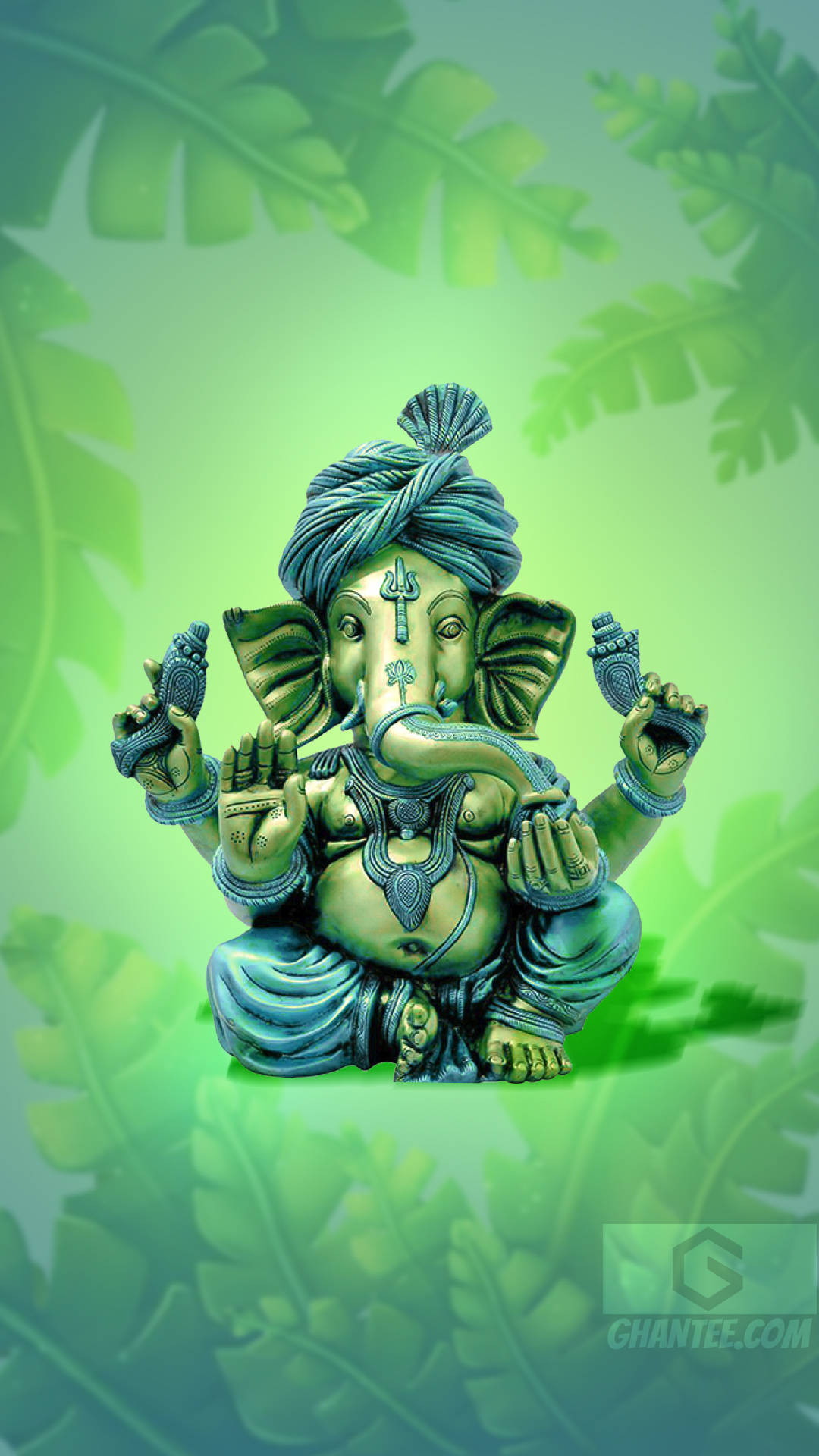 Lord Ganesha, green leafy background, glowing highlights, Full HD Phone Wallpaper