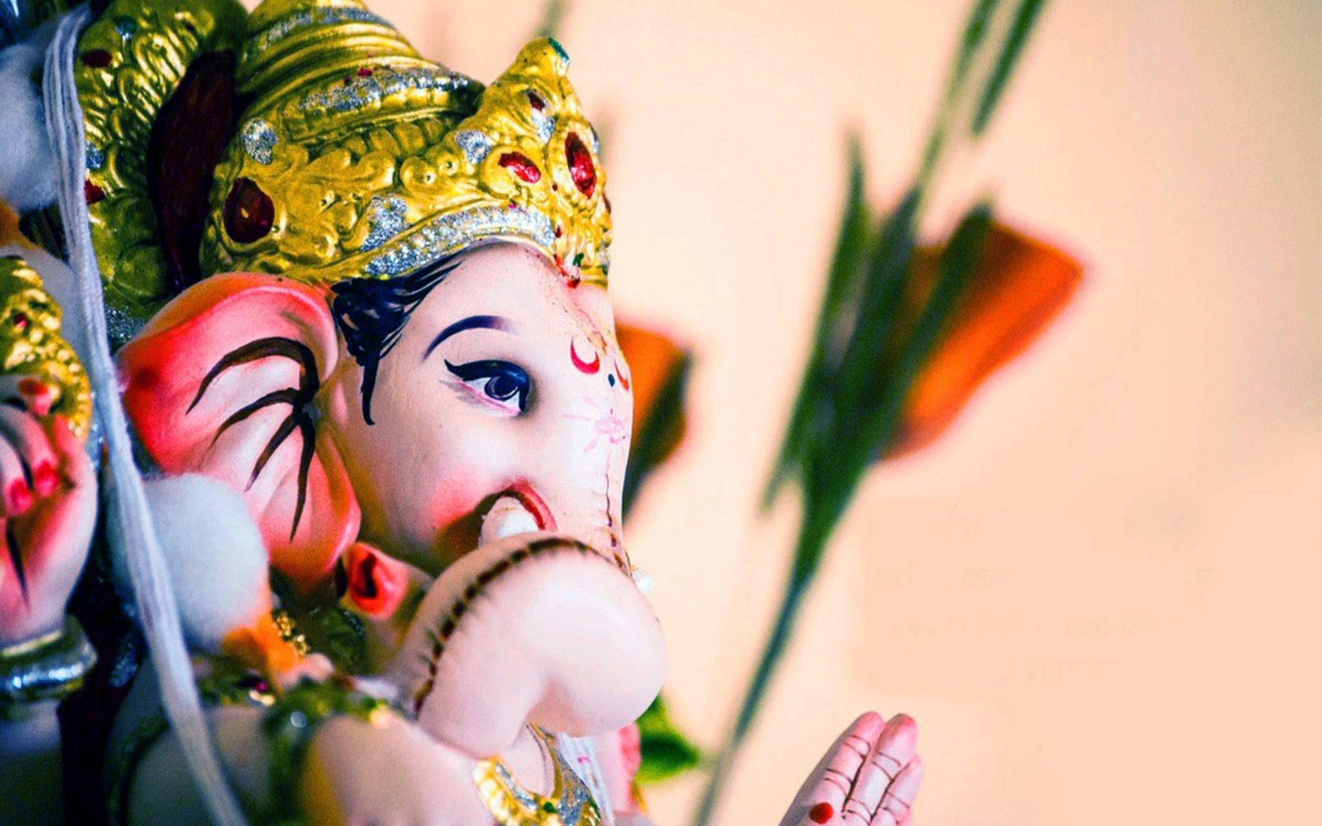 Lord Ganesha, gold crown, red accents, Full HD Desktop Wallpaper