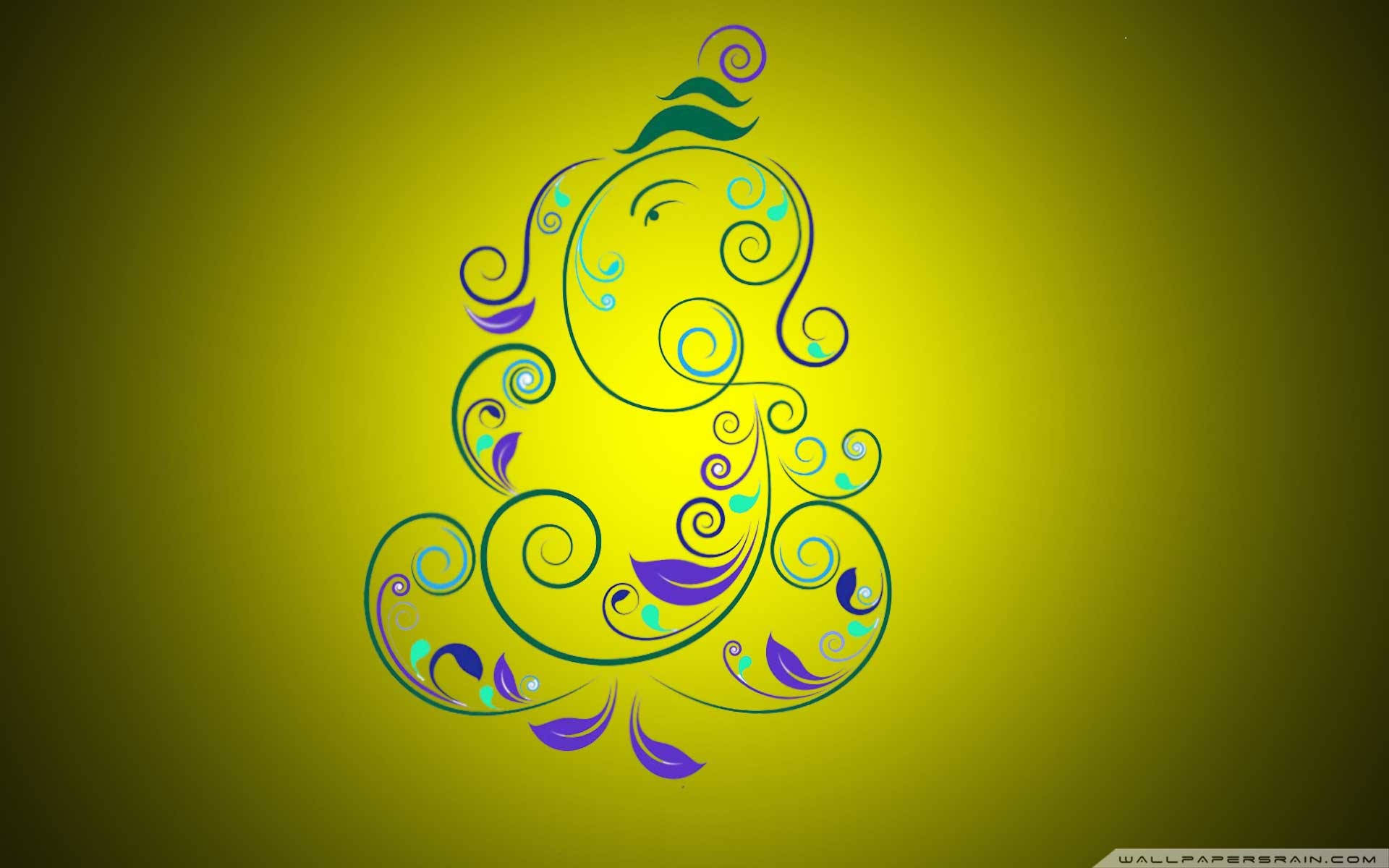 Lord Ganesha, yellow vignette, swirling green purple and teal patterns, Full HD Desktop Wallpaper