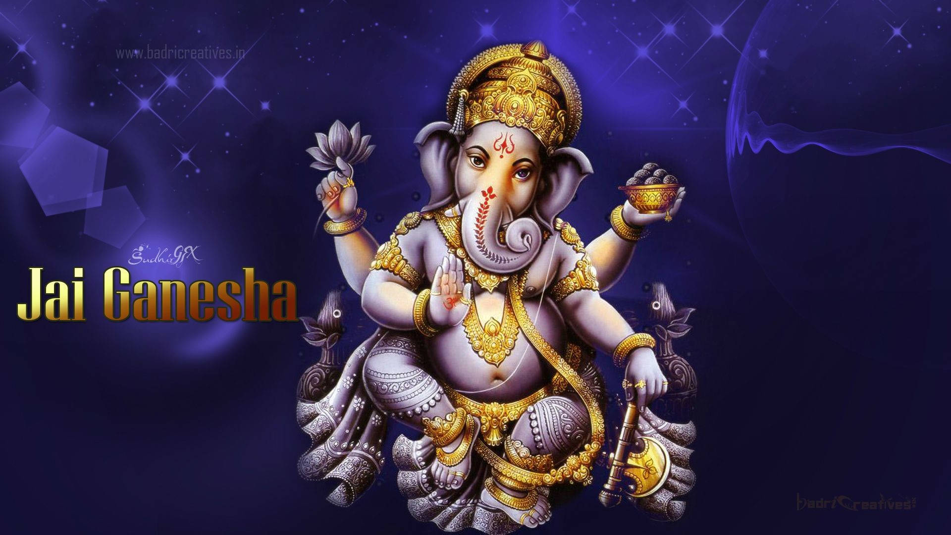 Lord Ganesha, golden jewelry, starry purple cosmic backdrop, Full HD Desktop Wallpaper