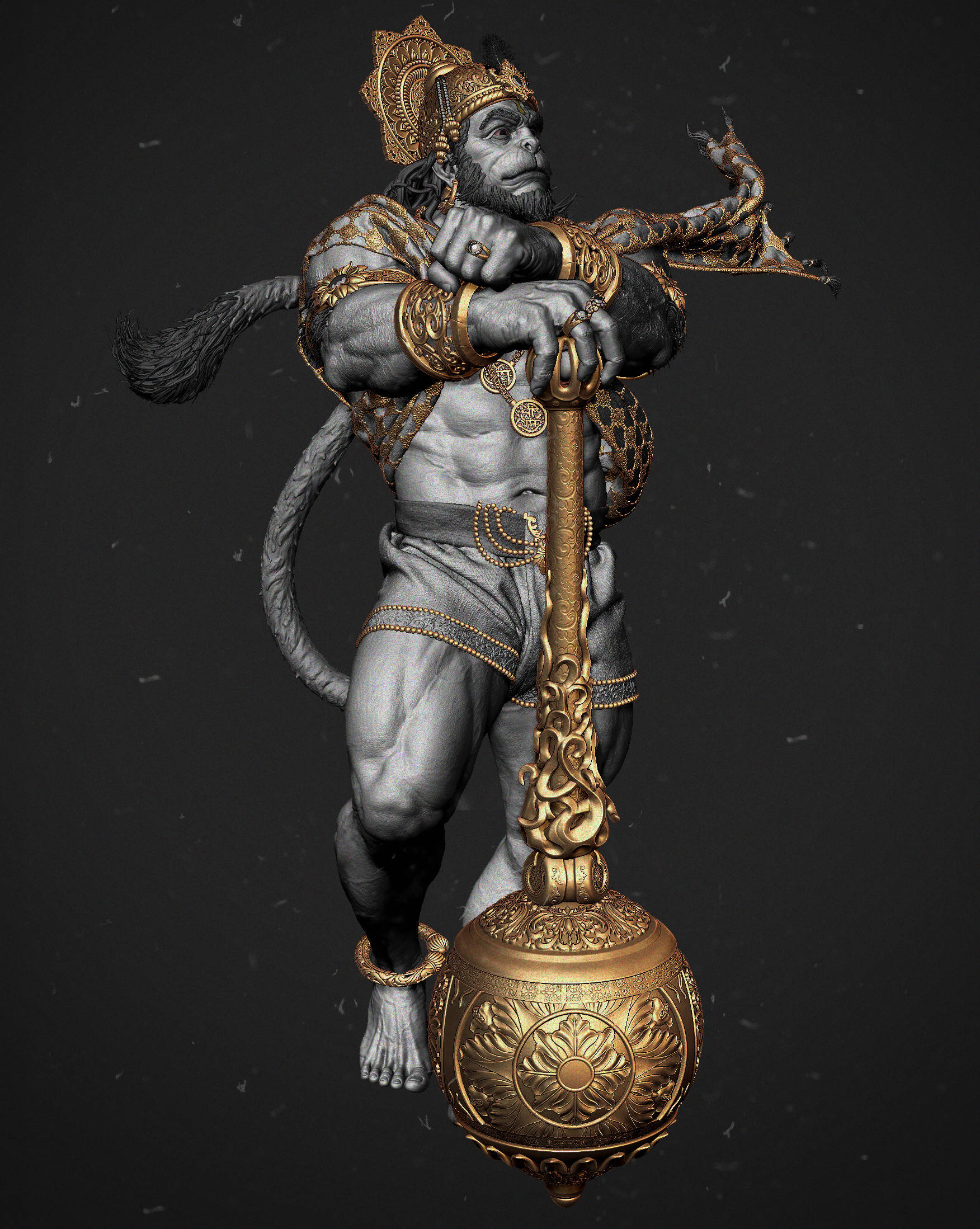 Lord Hanuman 3d, brass bludgeon, golden crown, Full HD Phone Wallpaper
