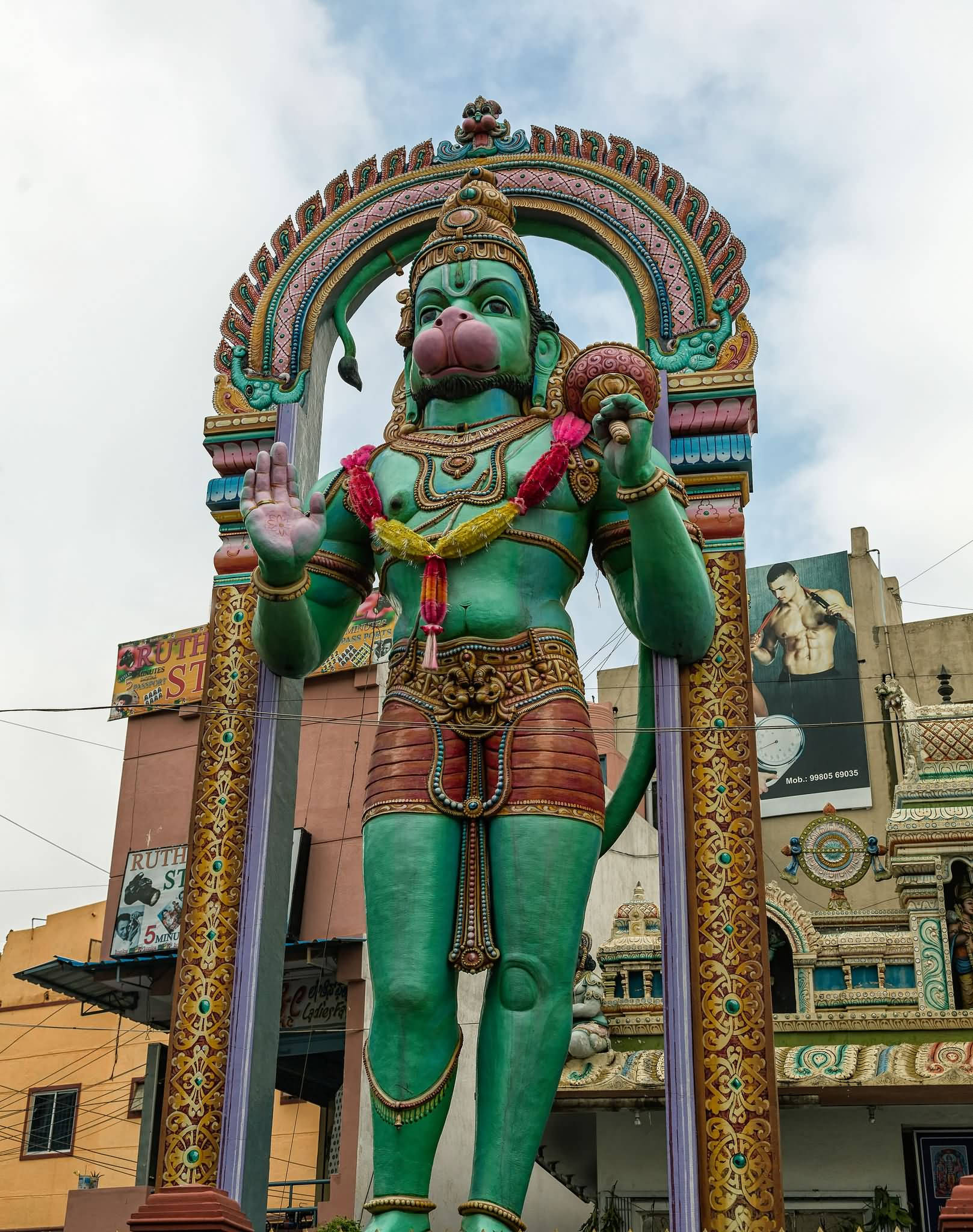 Lord Hanuman 3d, green statue, colorful archway, Full HD Phone Wallpaper