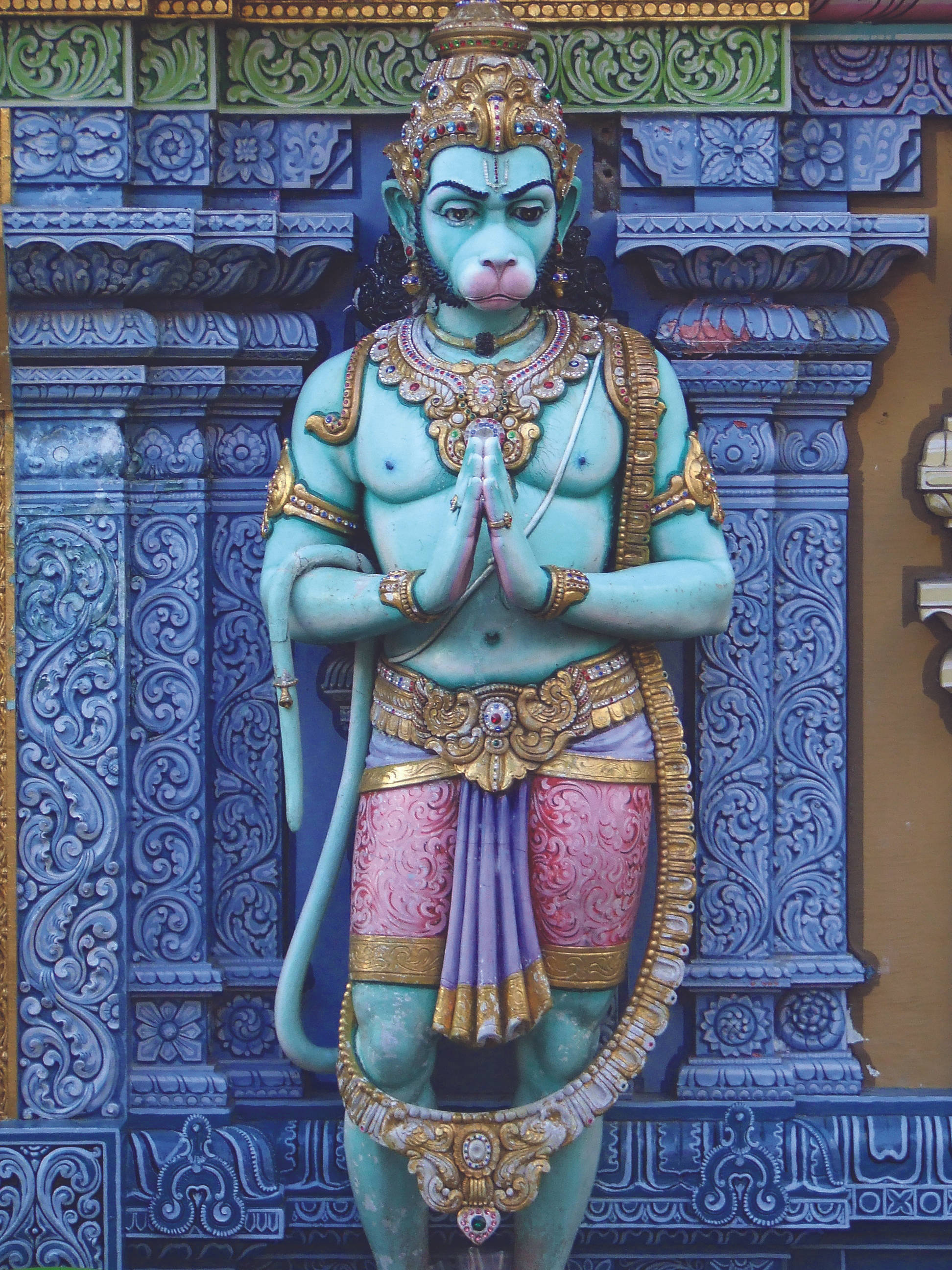 Blue Lord Hanuman 3D, turquoise statue, gold jewelry, 2K Phone Wallpaper