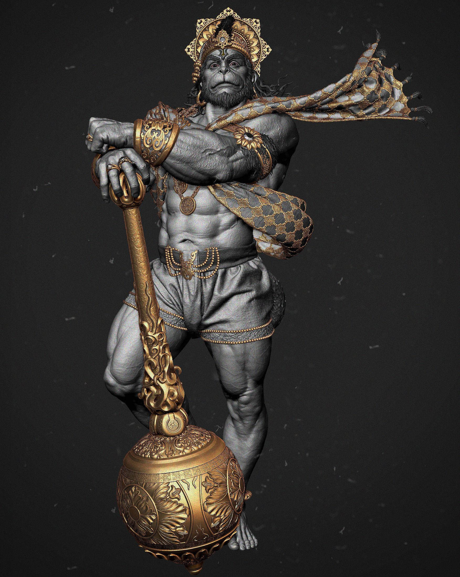 Lord Hanuman, 3d, golden crown, Full HD Phone Wallpaper