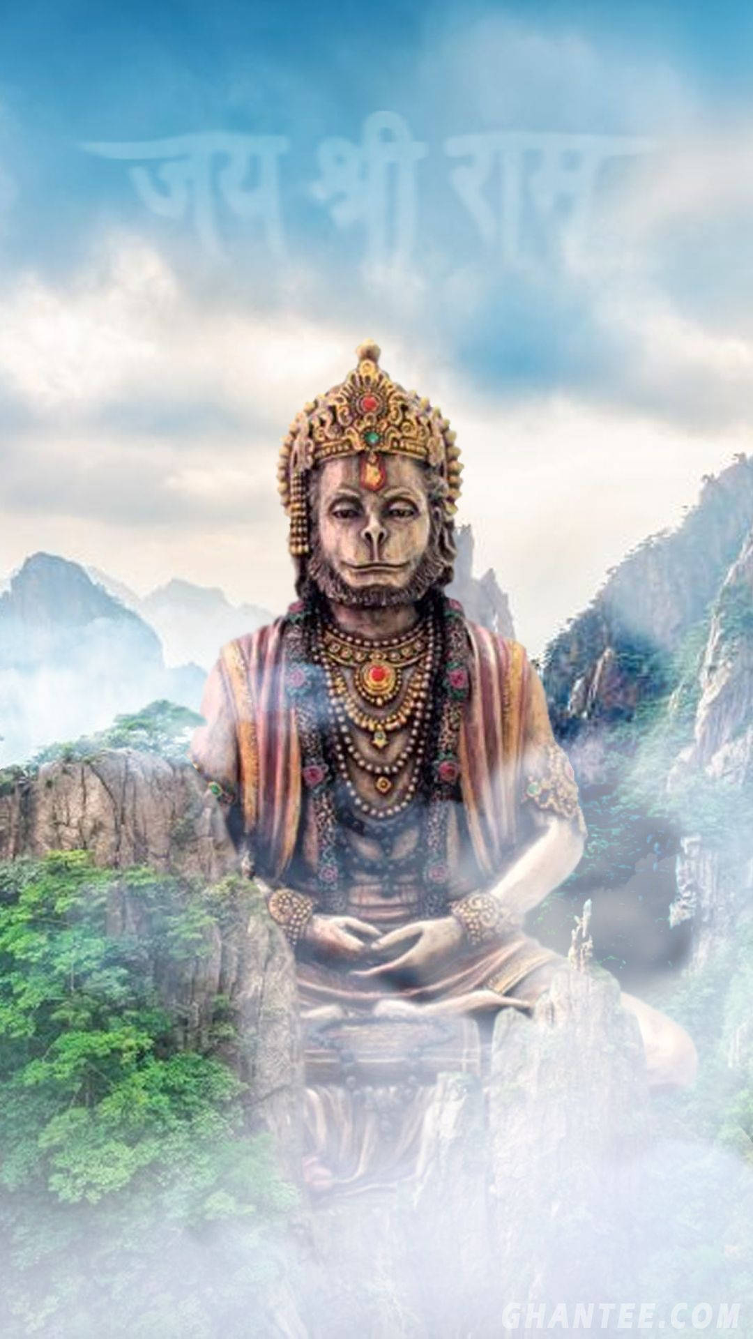 Lord Hanuman 3d, golden crowned monkey god, misty mountains, Full HD Phone Wallpaper