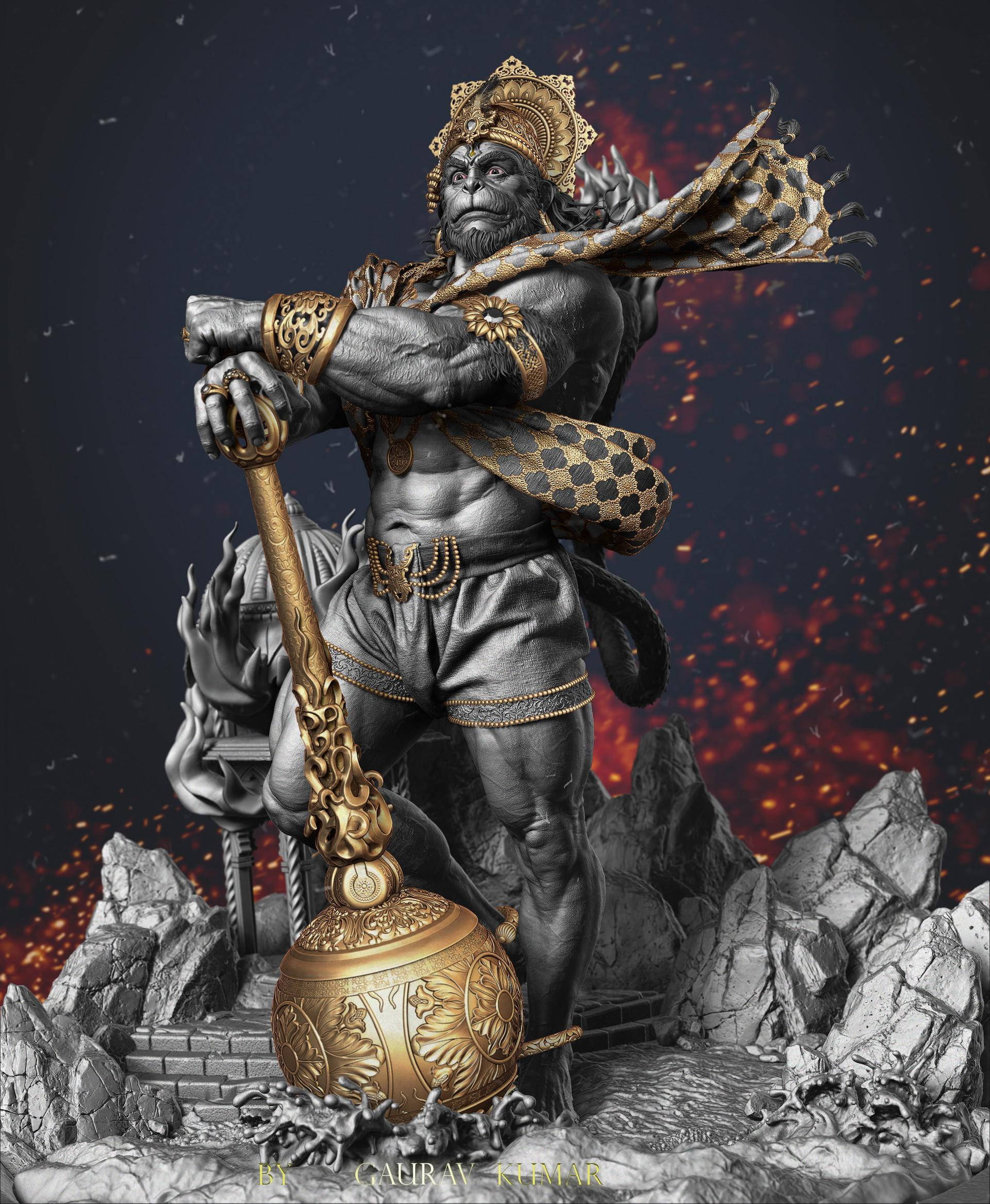Lord Hanuman, 3D, gold and silver armor, Full HD Phone Wallpaper