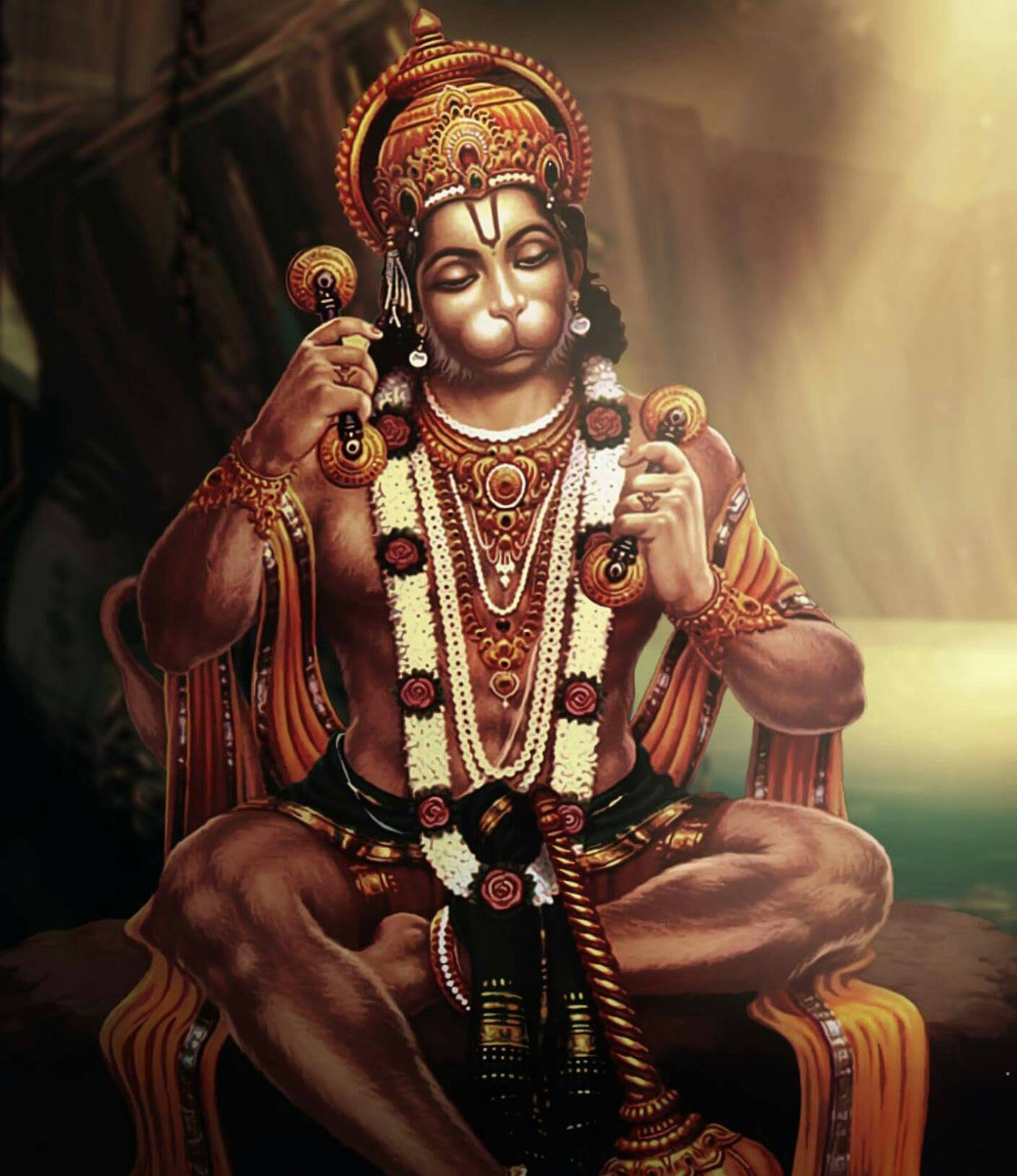 Lord Hanuman 3D, golden jewelry, floral garlands, HD Phone Wallpaper