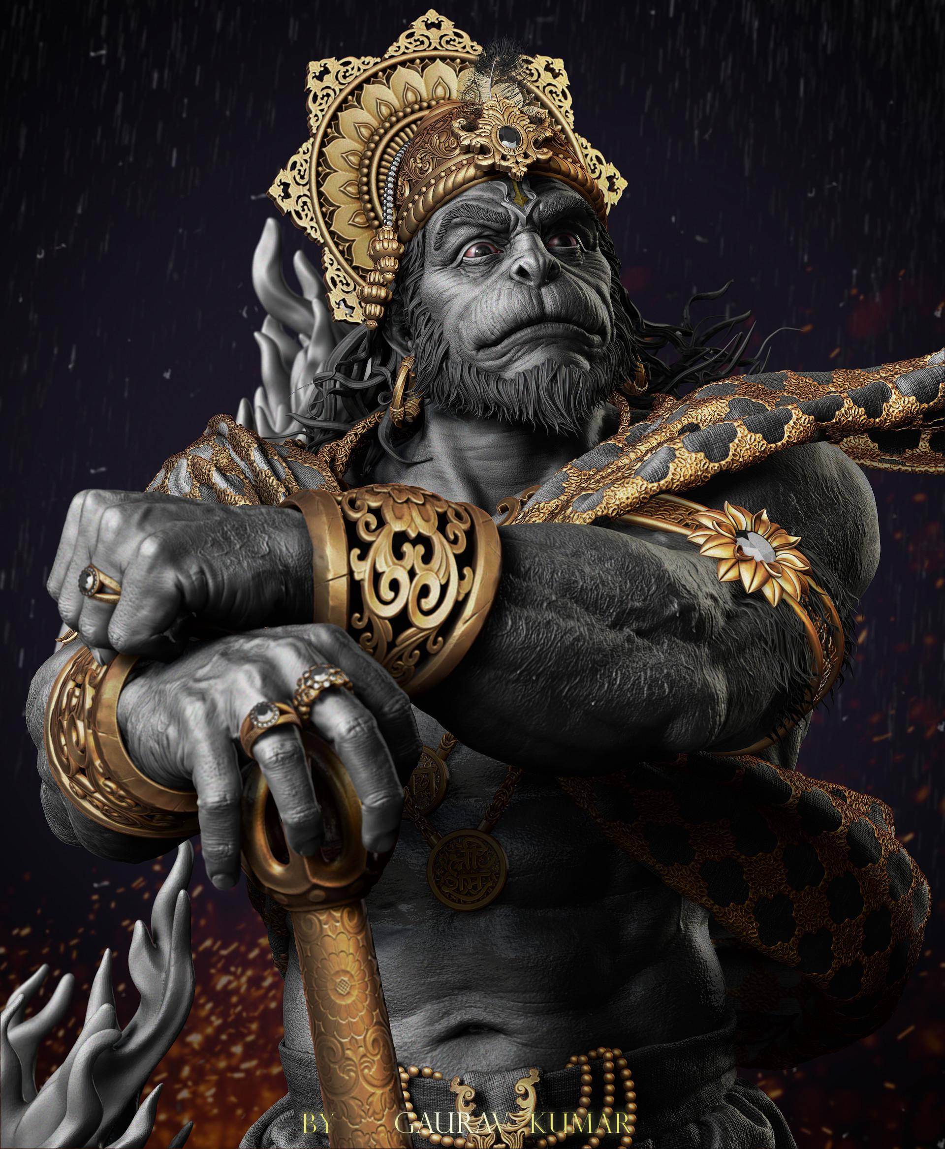 Lord Hanuman 3D, gold accessories, ornate golden armor, Full HD Phone Wallpaper