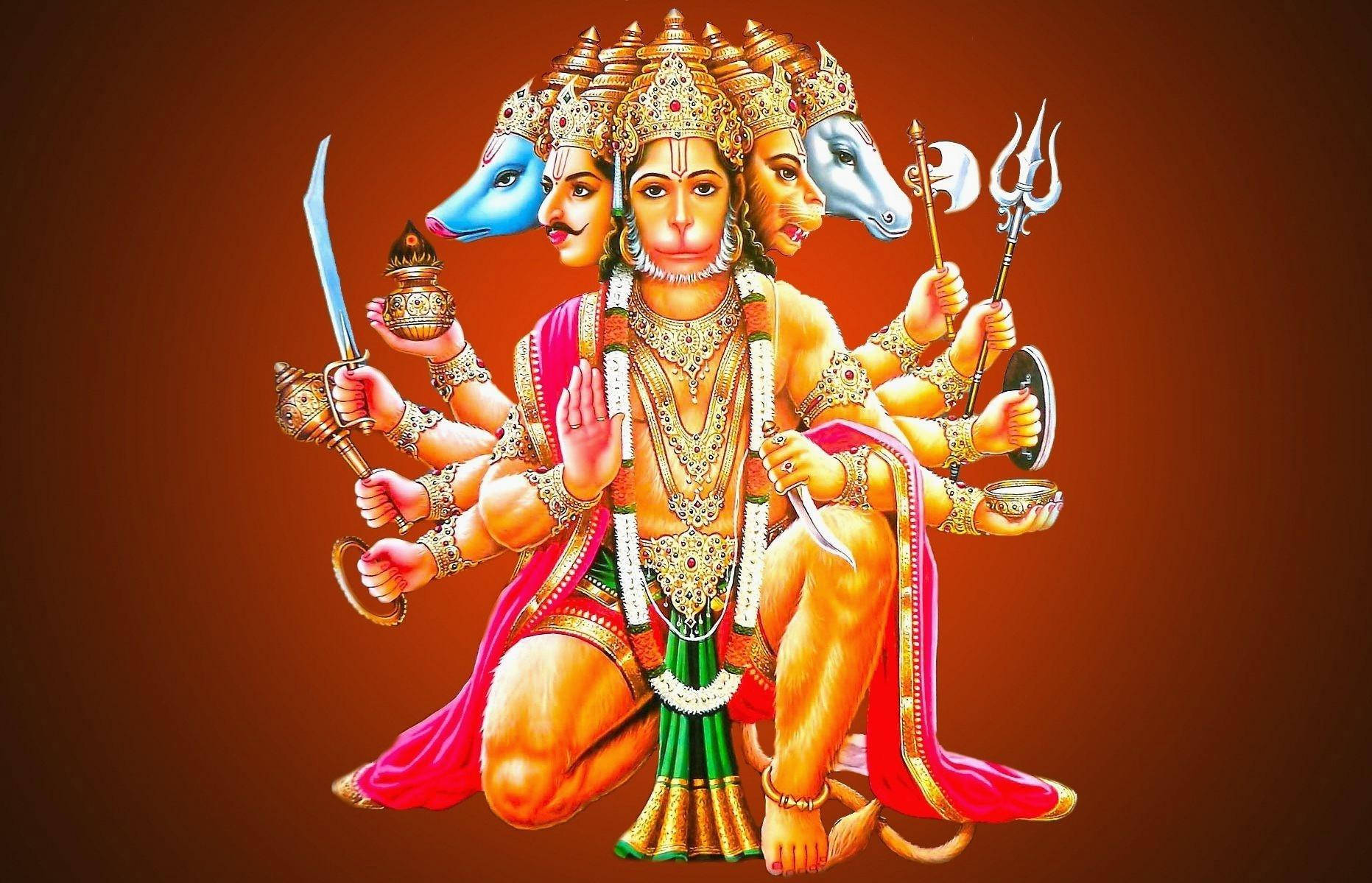 Lord Hanuman, five faces and arms, gold jewelry, HD Desktop Wallpaper