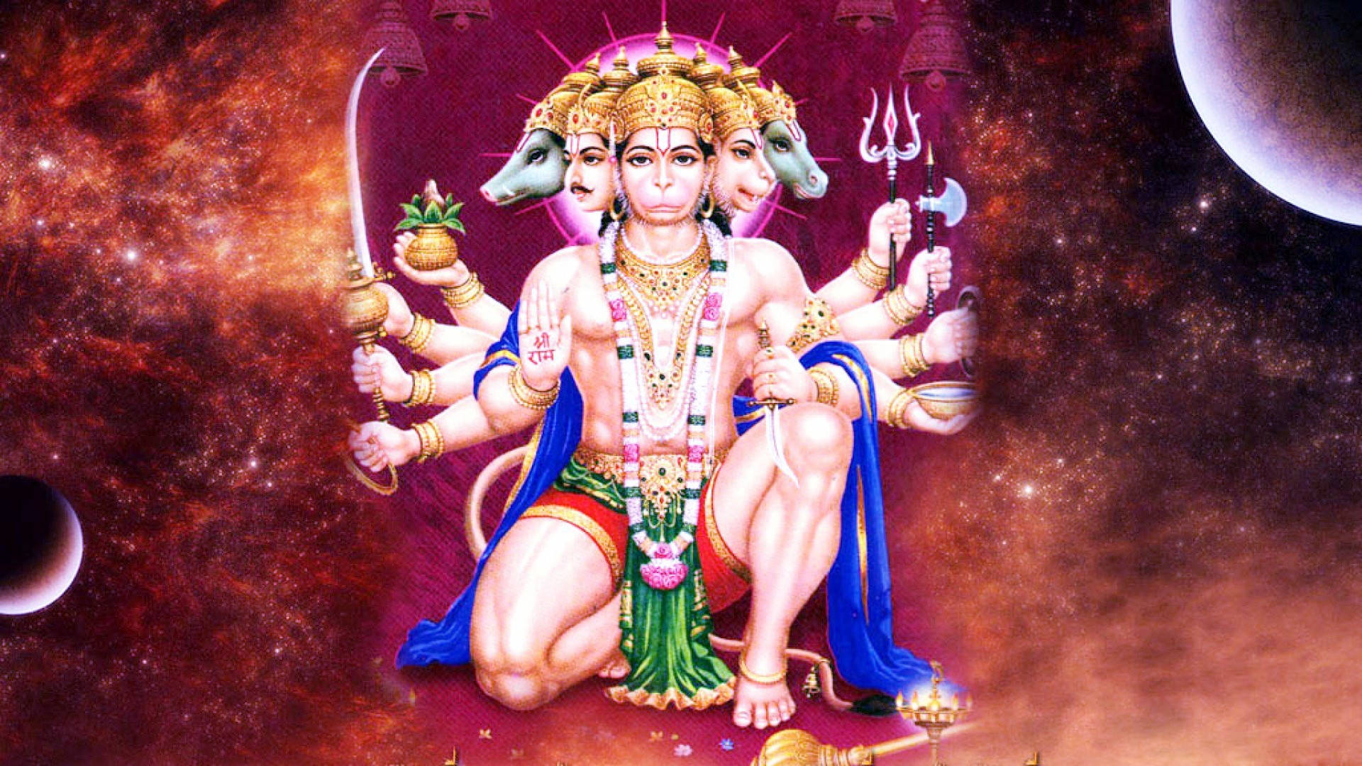 Lord Hanuman, three faces, horse heads, Full HD Desktop Wallpaper