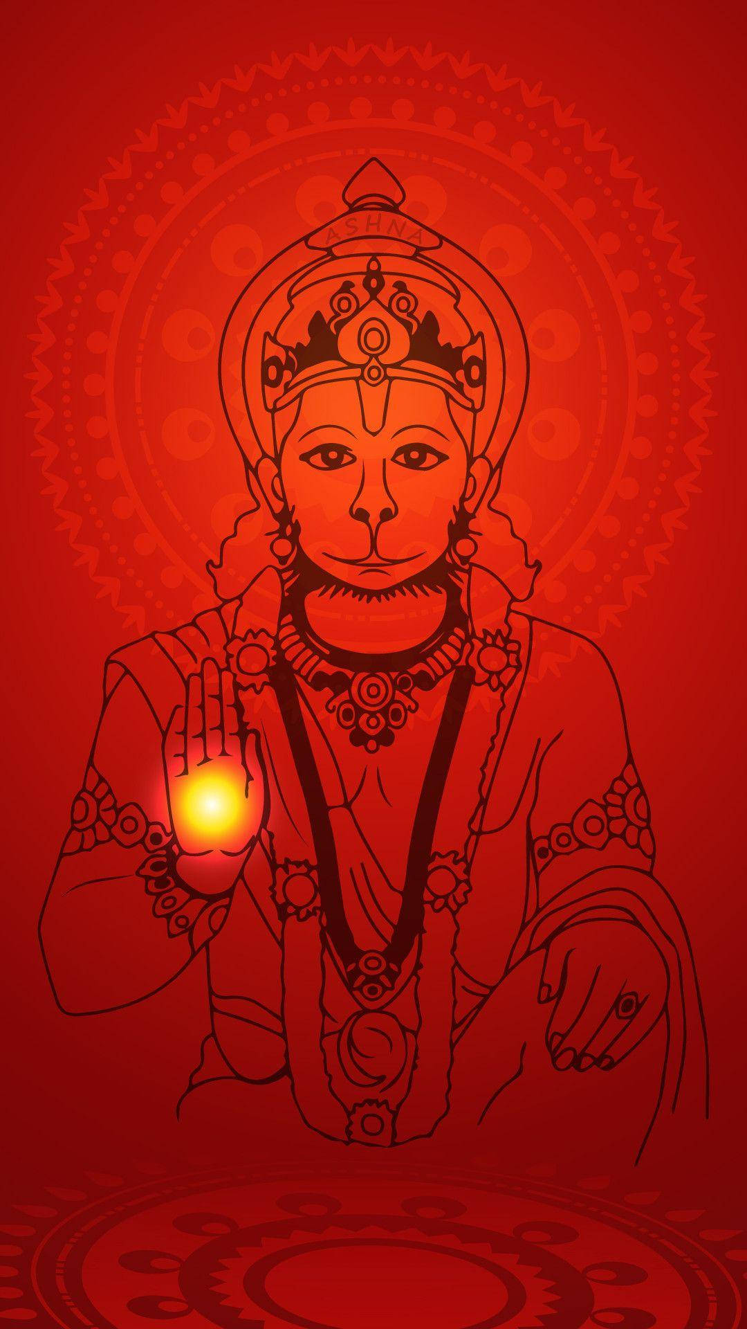 Lord Hanuman, glowing orb, red-toned illustration, Full HD Phone Wallpaper