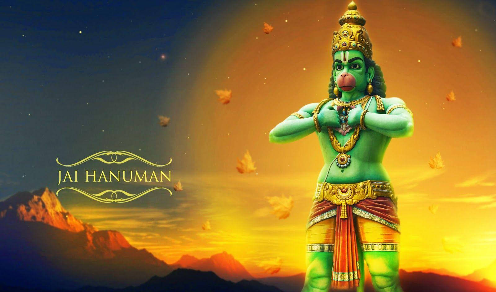 Lord Hanuman, green Hanuman, vibrant sunset sky, HD Desktop Wallpaper