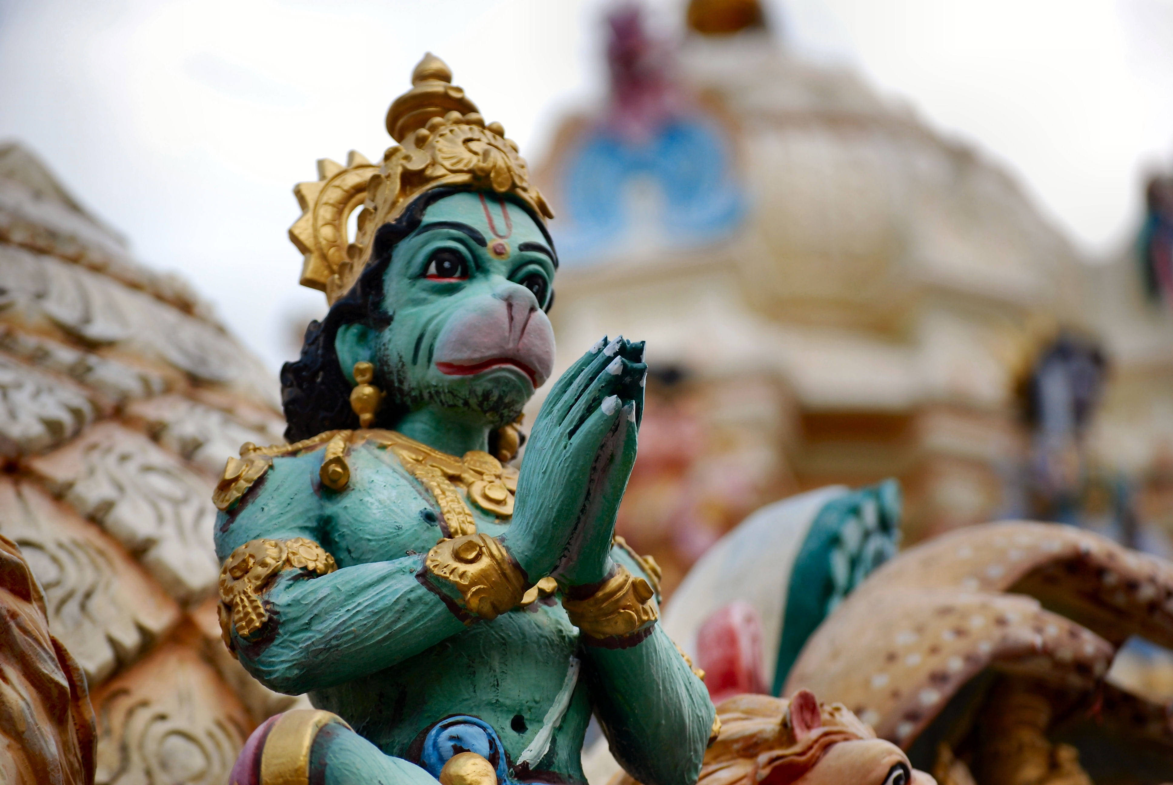 Lord Hanuman, turquoise, golden adornments, 4K Desktop Wallpaper