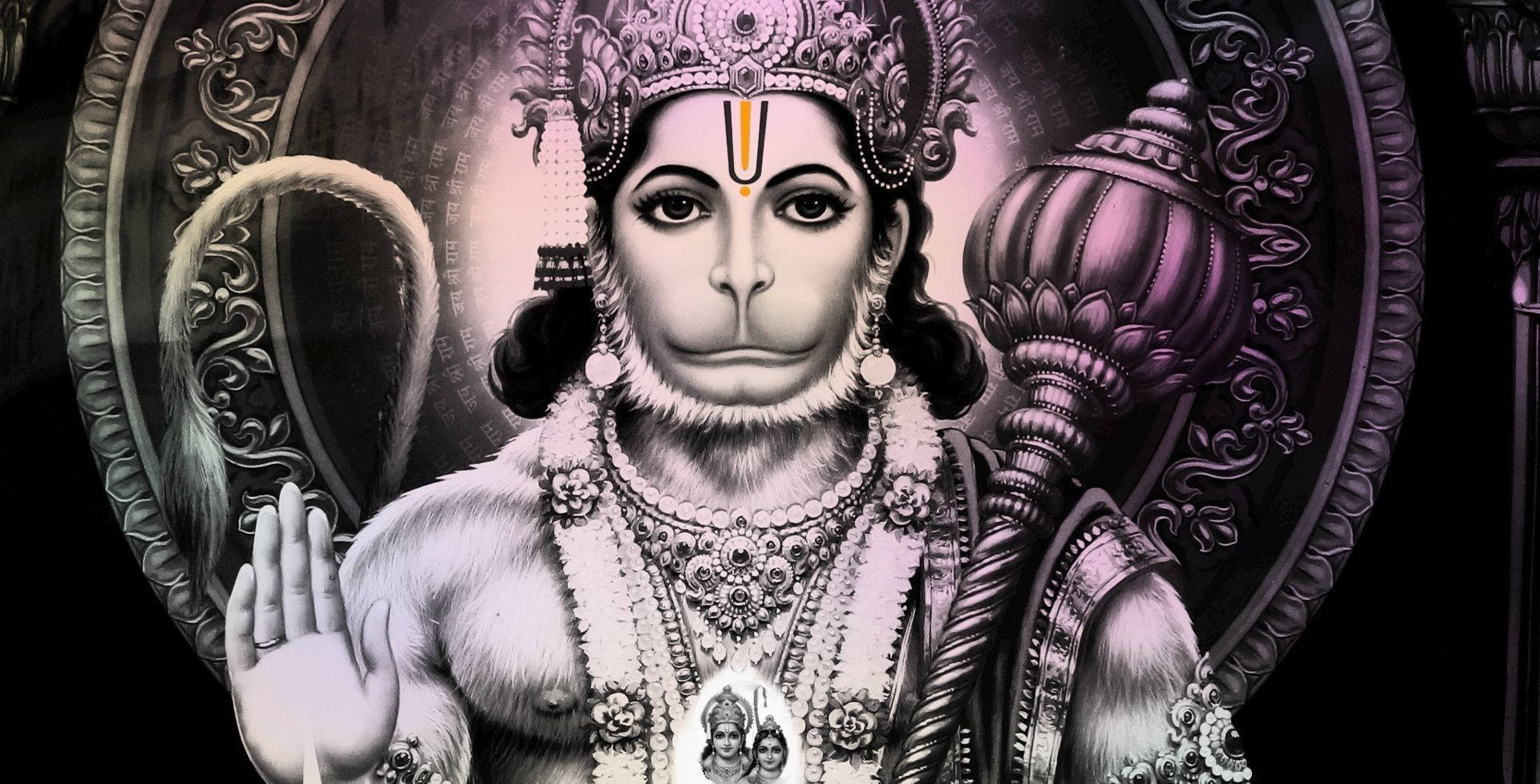 Lord Hanuman HD, black and white, ornate jewelry, Full HD Desktop Wallpaper