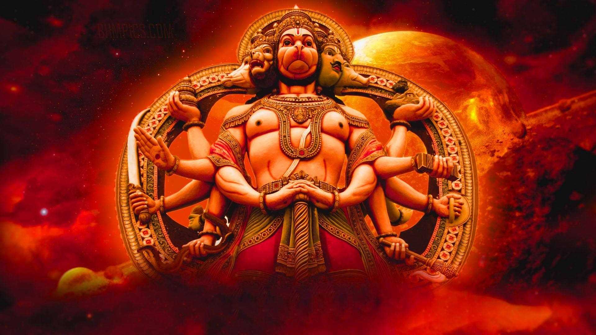 Lord Hanuman, three faces, multiple arms, Full HD Desktop Wallpaper