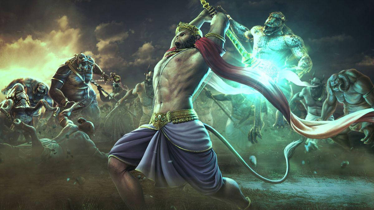 Lord Hanuman, purple loincloth, glowing sword, SD Desktop Wallpaper