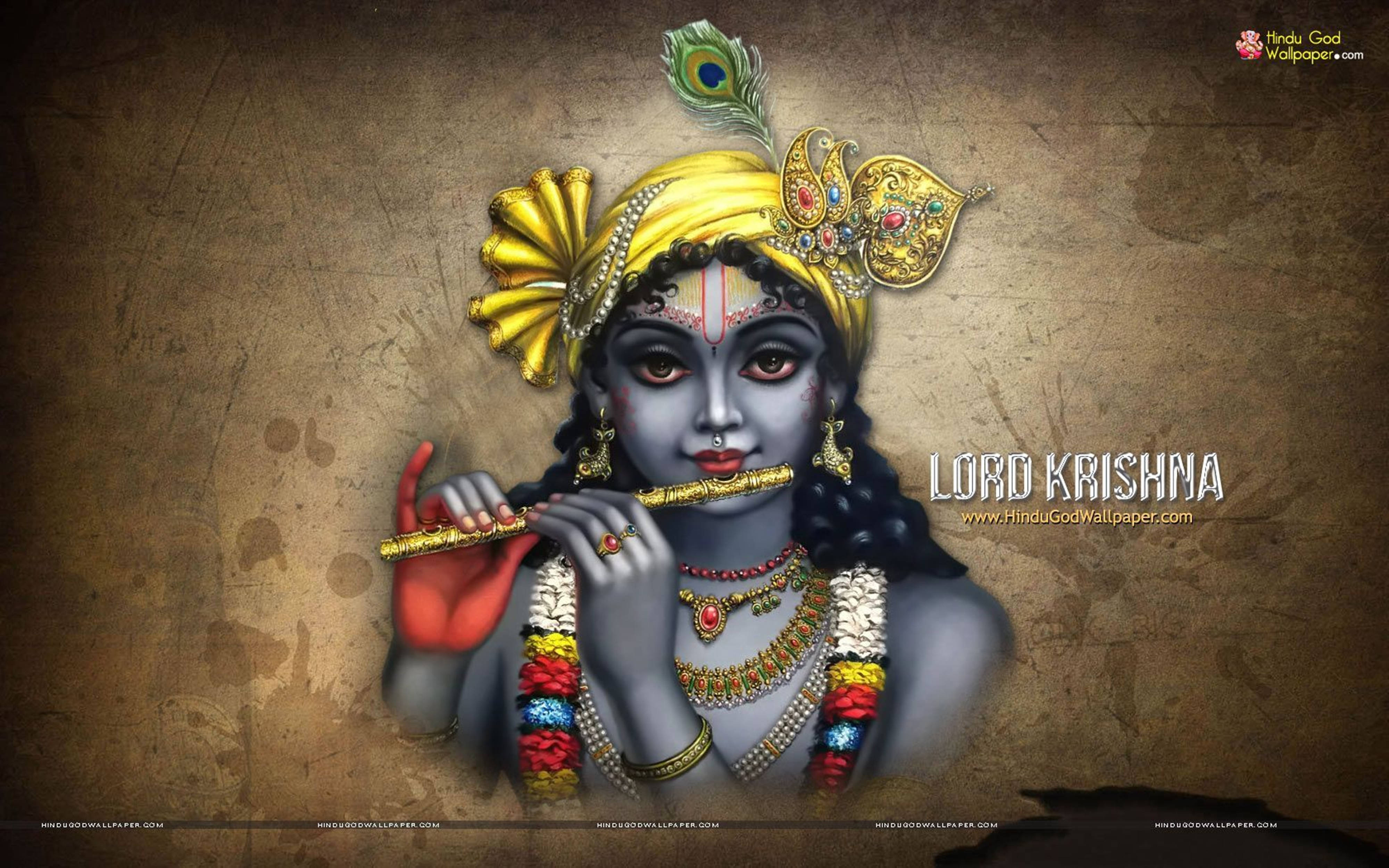 Lord Krishna, blue skin, golden flute, 4K Desktop Wallpaper
