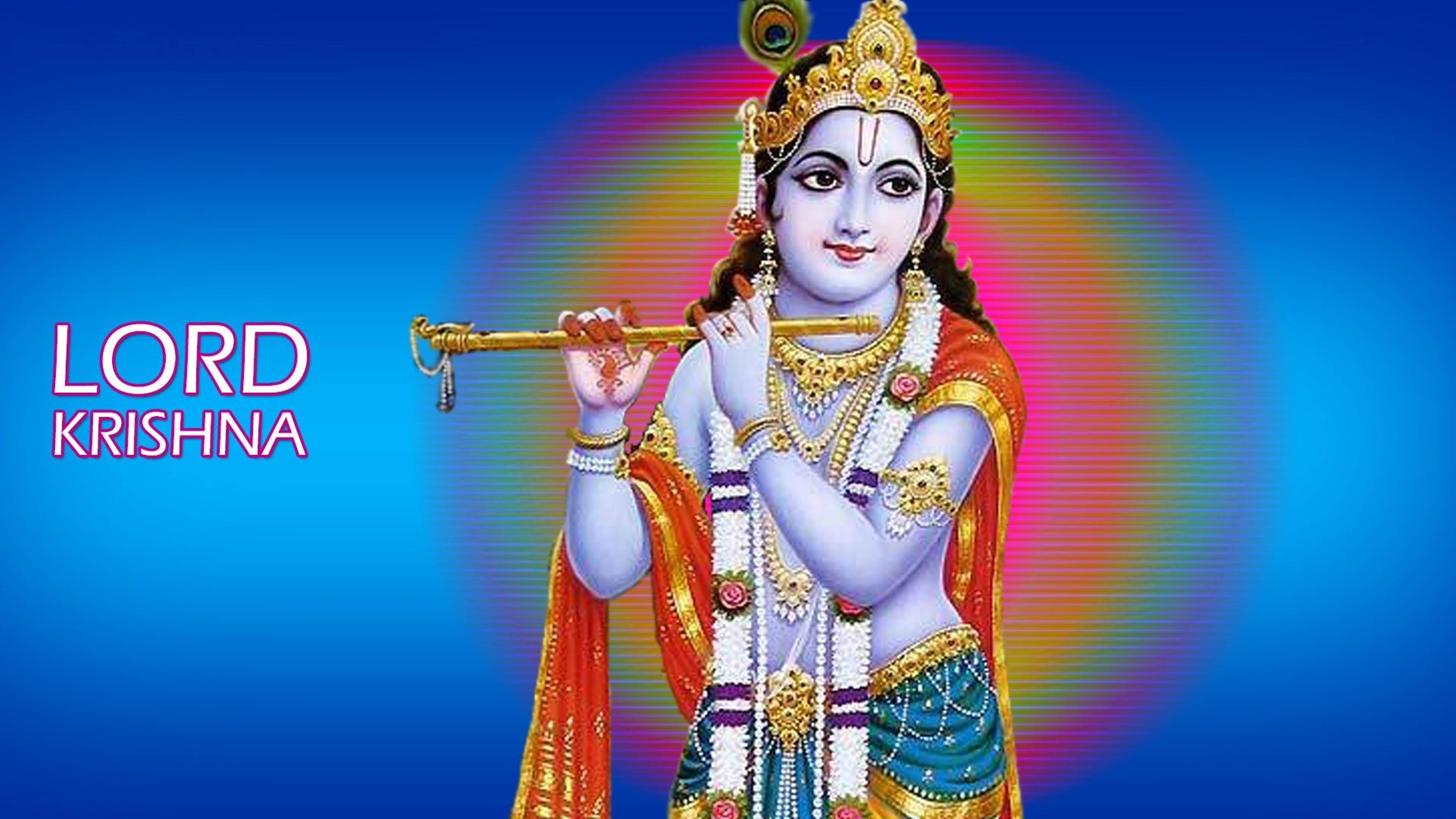 Lord Krishna, golden flute, radiant blue background, 4K Desktop Wallpaper