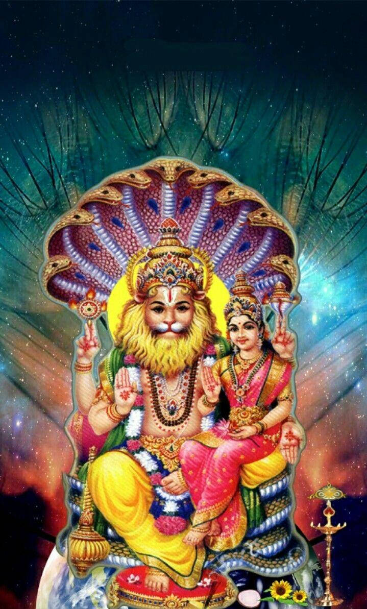 Lord Lakshmi Narasimha, multi-headed serpent canopy, cosmic starry sky, SD Phone Wallpaper