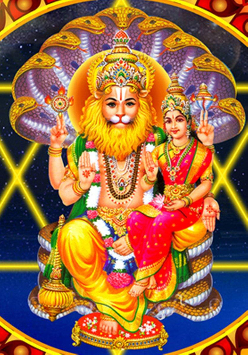 Lord Lakshmi Narasimha, vibrant gold and red garments, multi-headed serpent canopy, SD Phone Wallpaper