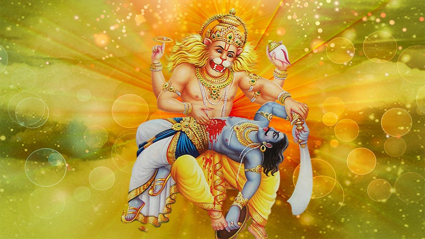 Lord Lakshmi Narasimha, golden armor, blue-skinned deity, HD Desktop Wallpaper