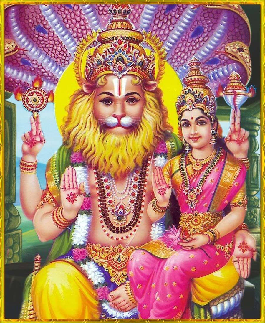 Lord Lakshmi Narasimha, golden crowns, jeweled attire, SD Phone Wallpaper