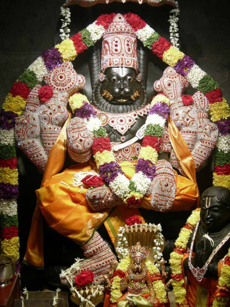 Lord Lakshmi Narasimha, floral garlands, red gold embroidery, SD Phone Wallpaper