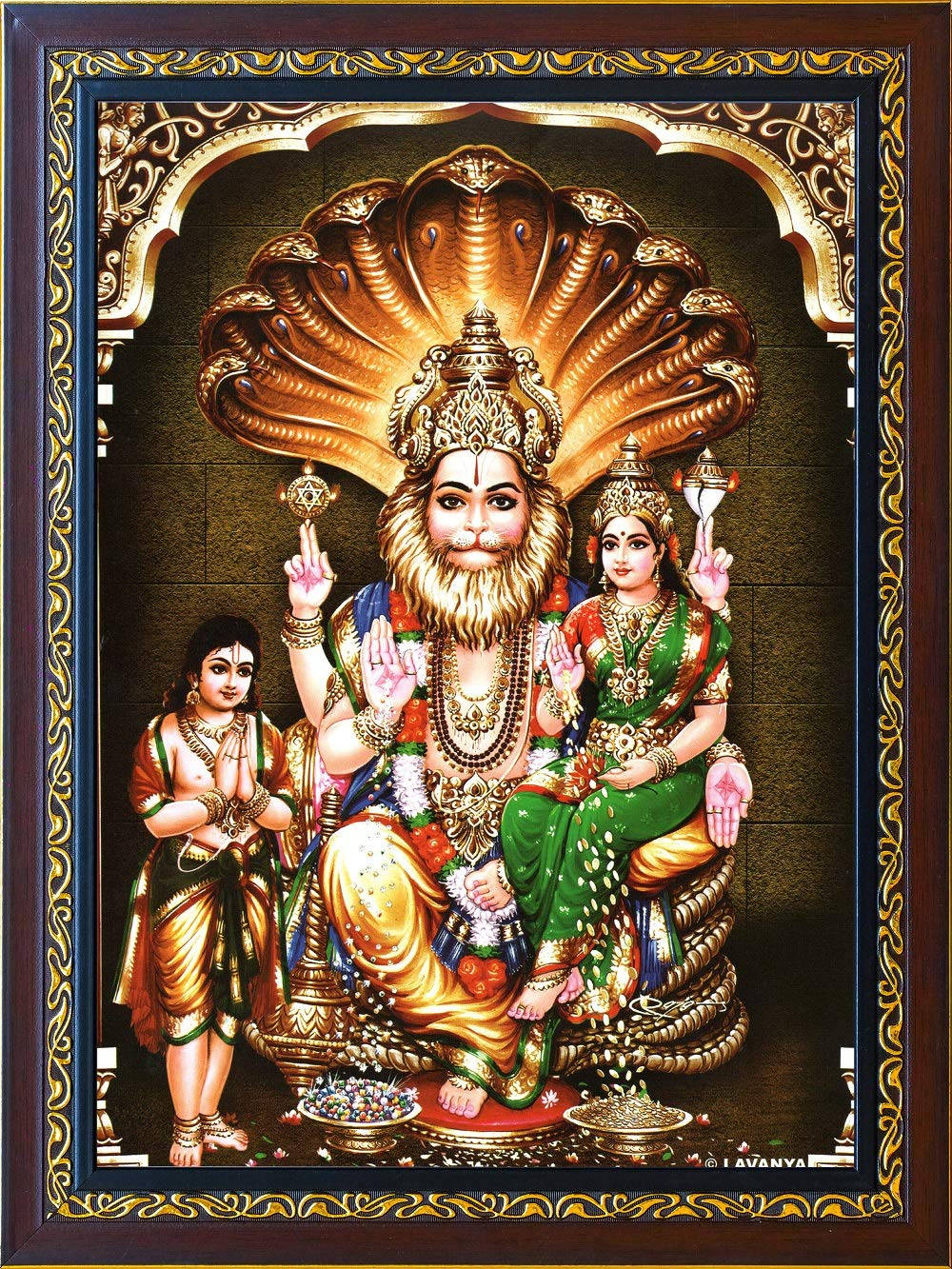 Lord Lakshmi Narasimha, cobra hood, ornate golden and green attire, HD Phone Wallpaper