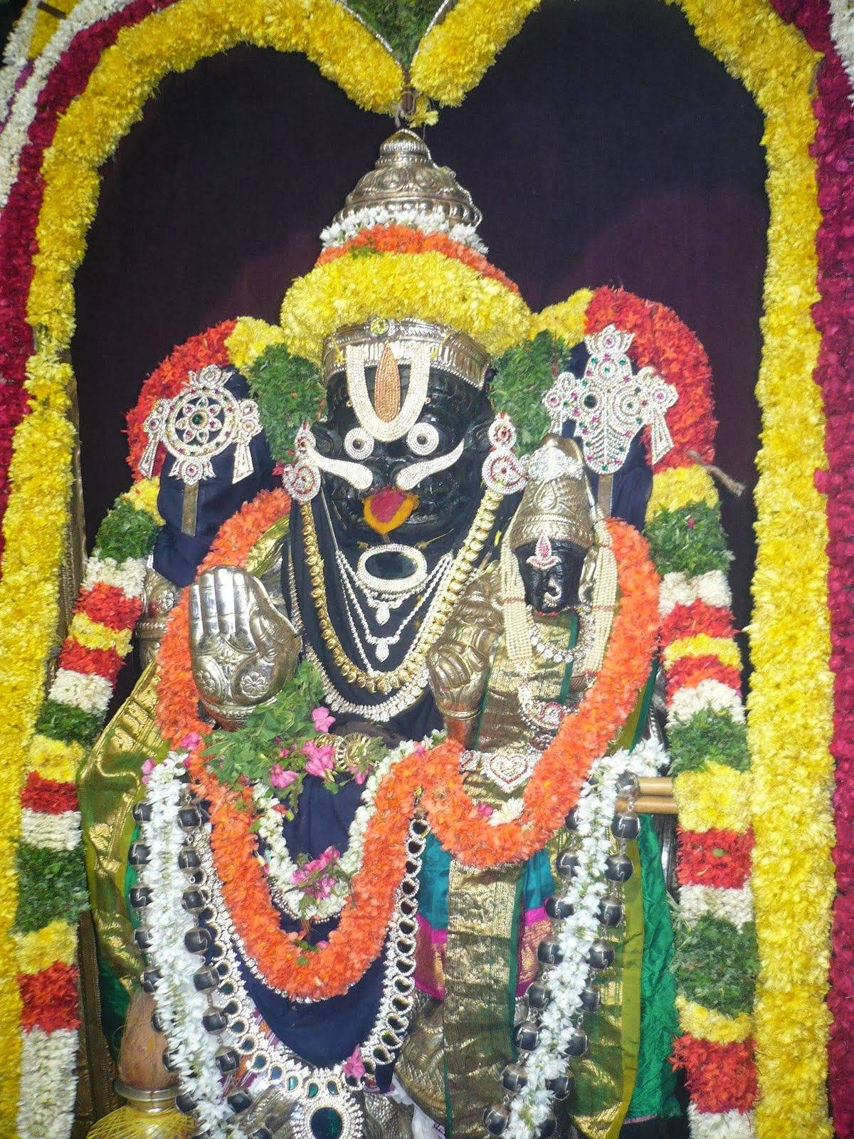Lord Lakshmi Narasimha, black statue, colorful floral garlands, HD Phone Wallpaper