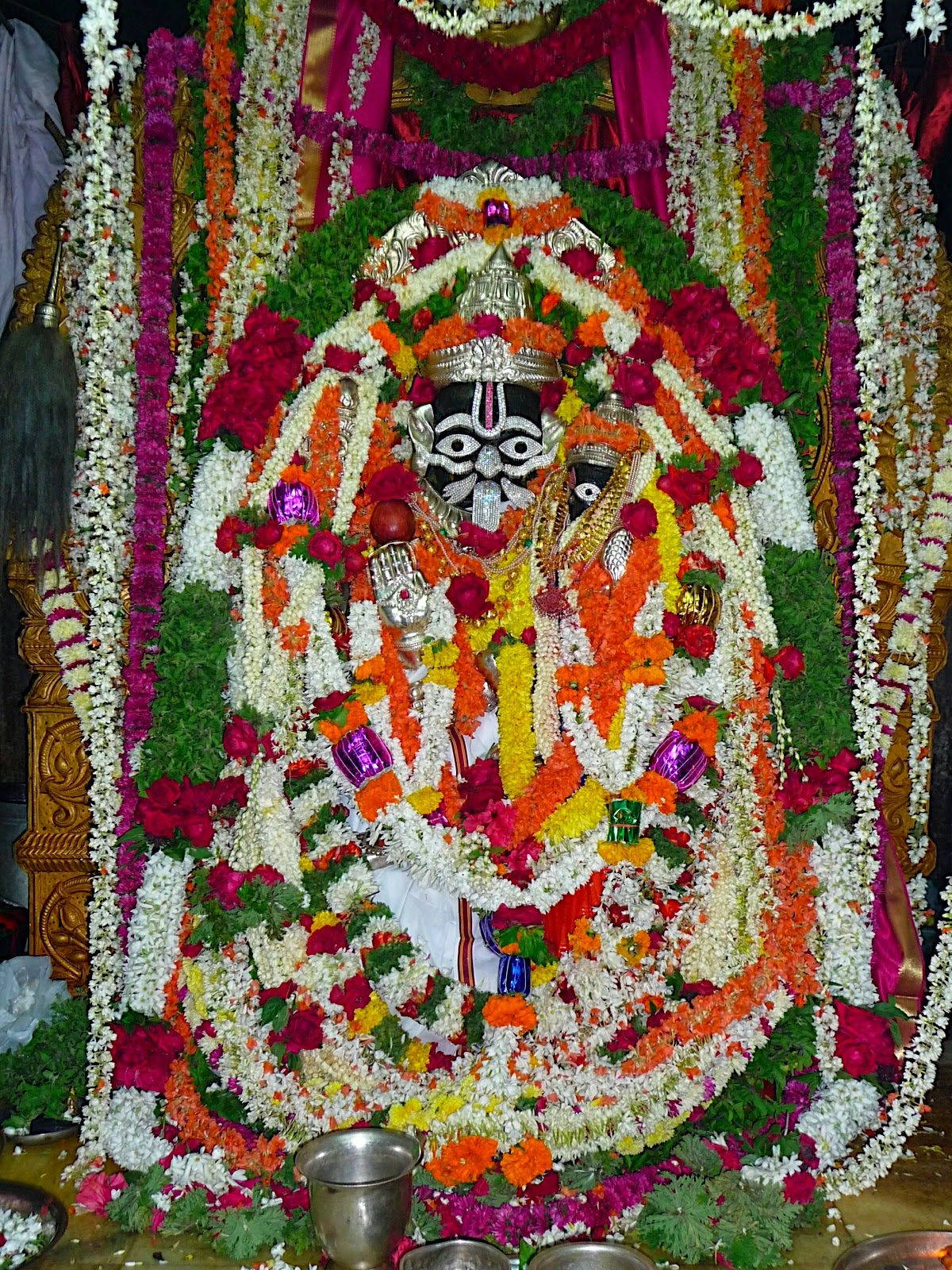 Lord Lakshmi Narasimha, vibrant floral garlands, intricate jewelry, HD Phone Wallpaper