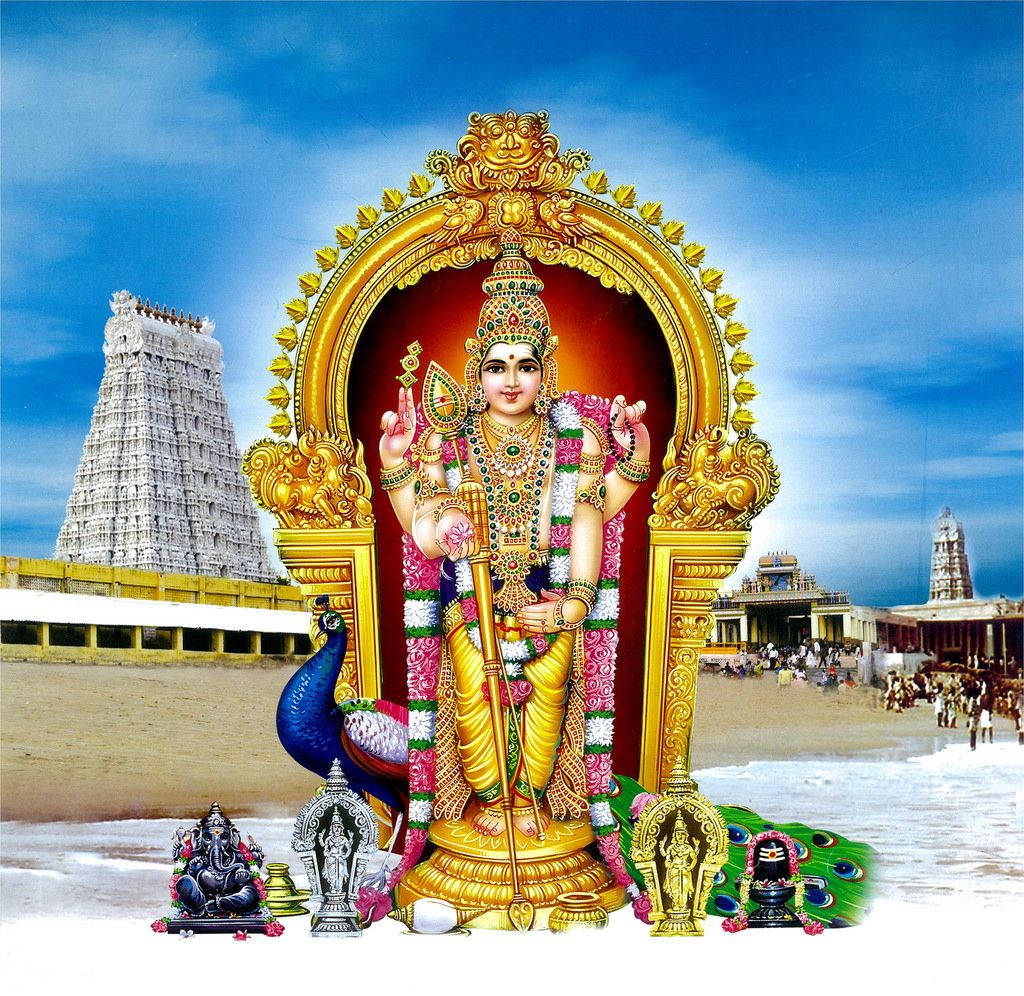 Lord Murugan, golden deity statue, jewels, SD Desktop Wallpaper
