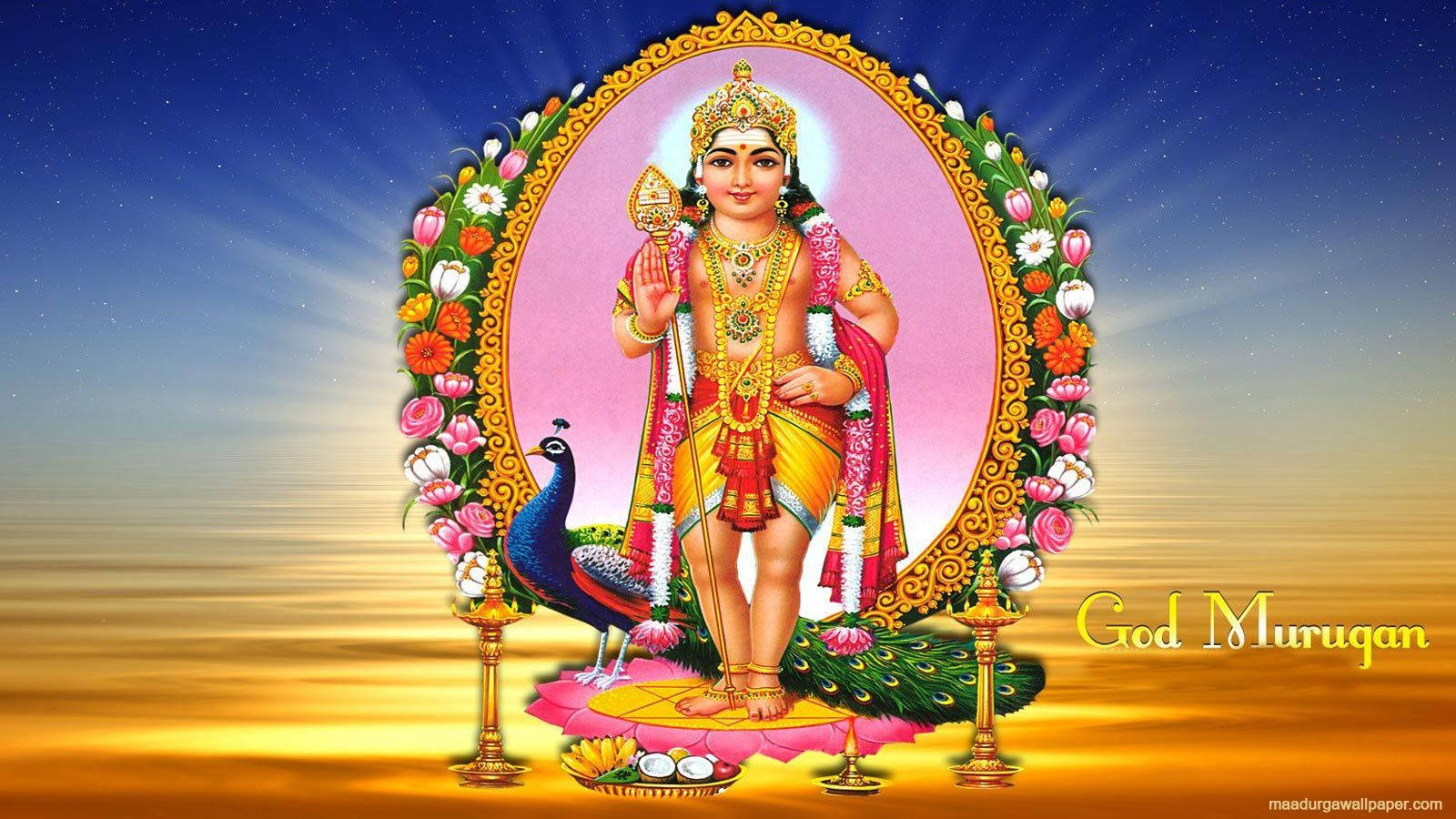 Lord Murugan, golden armor, floral garlands, HD Desktop Wallpaper