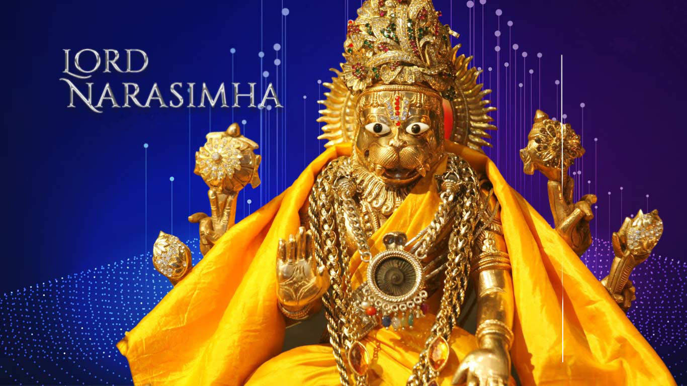 Lord Narasimha, golden statue, jewels, HD Desktop Wallpaper