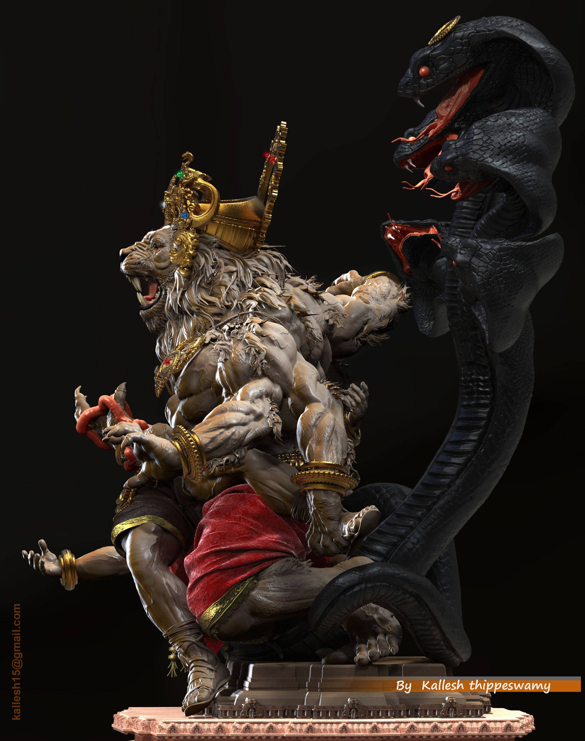 Lord Narasimha, lion-headed deity, ornate golden crown, Full HD Phone Wallpaper