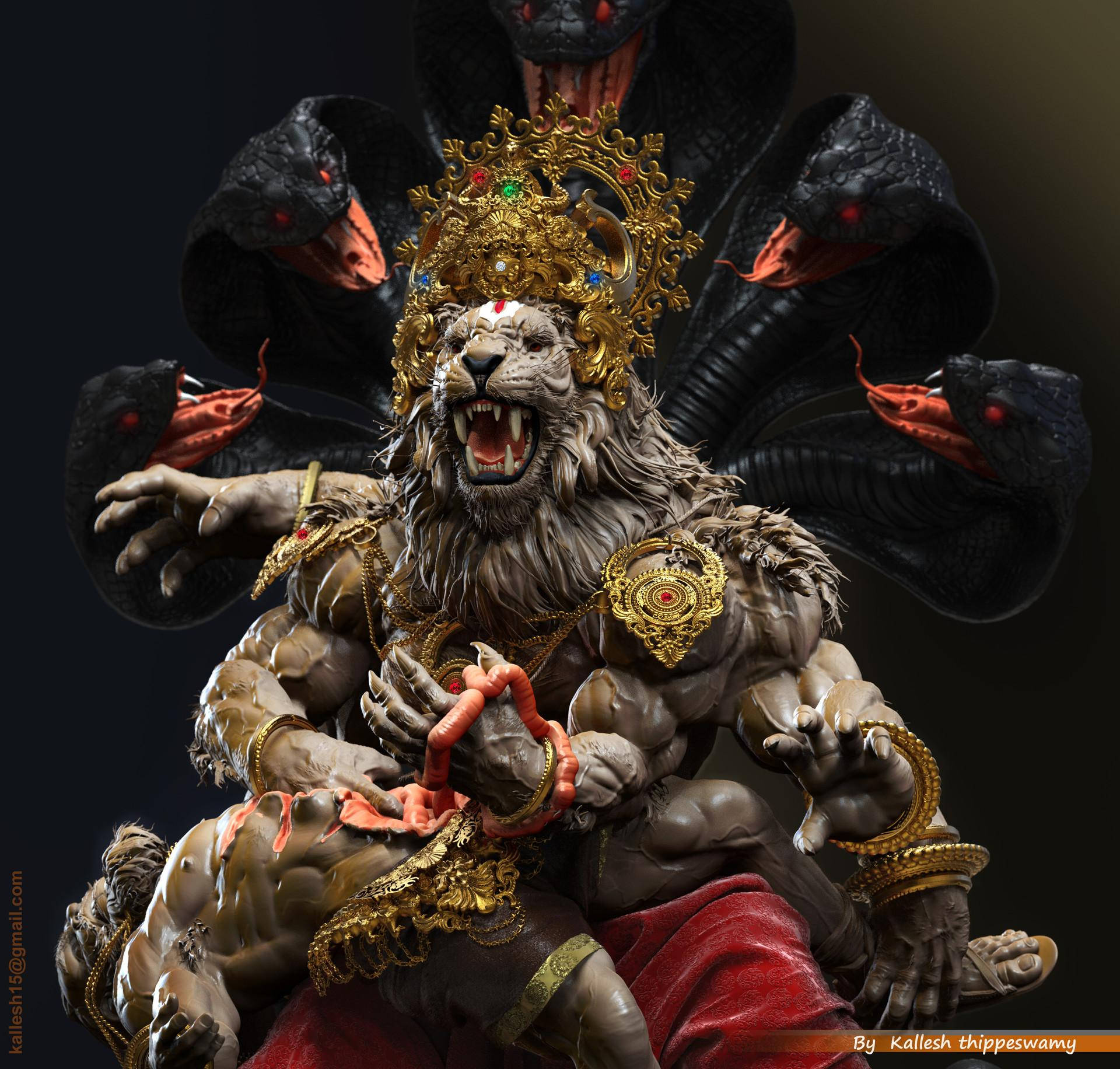 Lord Narasimha, lion-headed deity, golden jewelry, Full HD Desktop Wallpaper