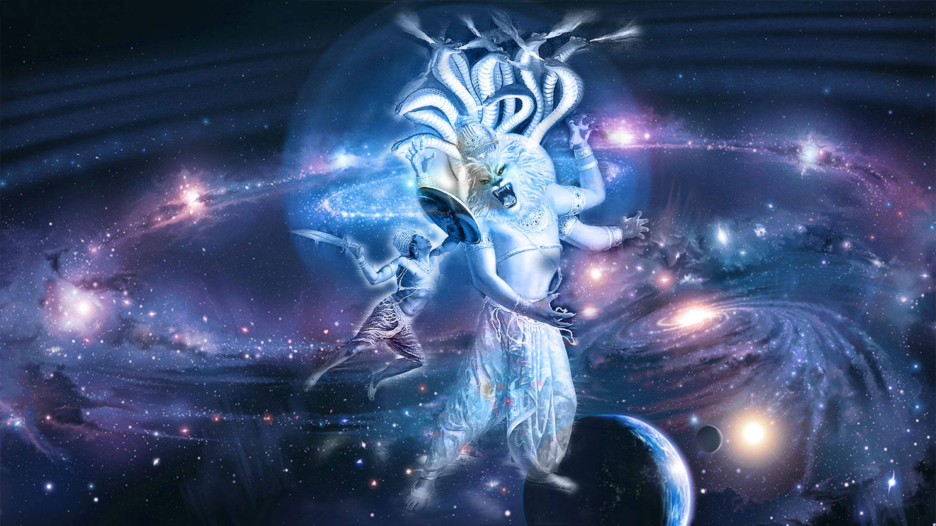 Lord Narasimha, galaxy background, multiple arms, Full HD Desktop Wallpaper