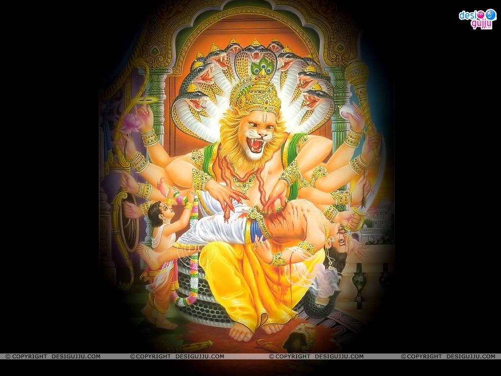 Lord Narasimha, lion head, snake crown, SD Desktop Wallpaper