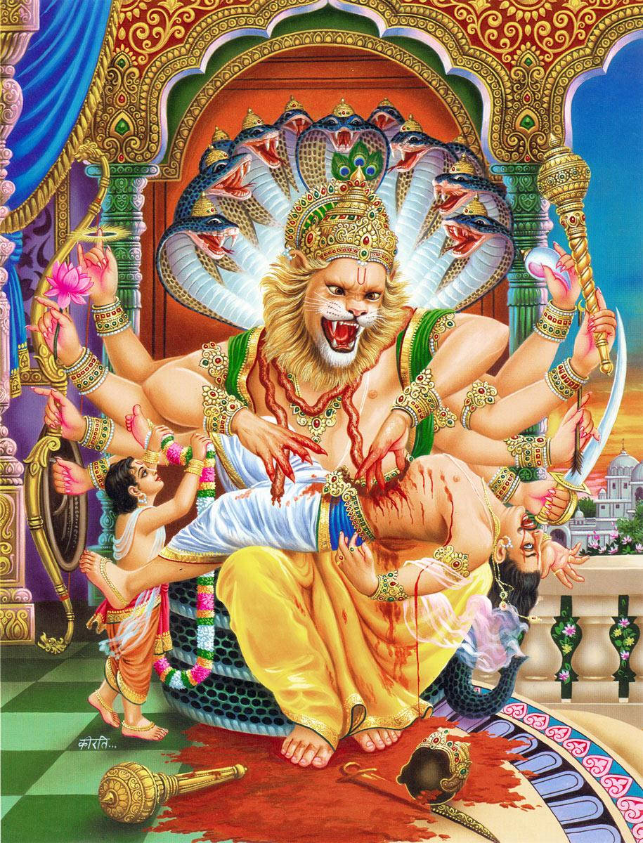 Lord Narasimha, lion-headed deity, cobra crown, SD Phone Wallpaper